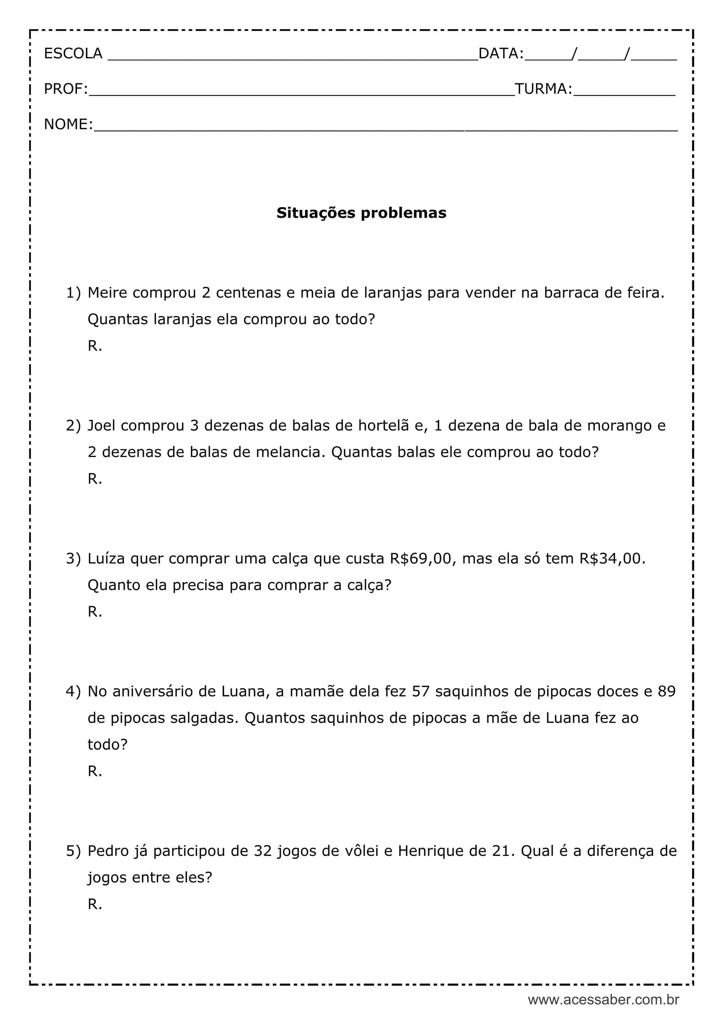 Atividade de matemática: Situações problema - 3º ano - Acessaber