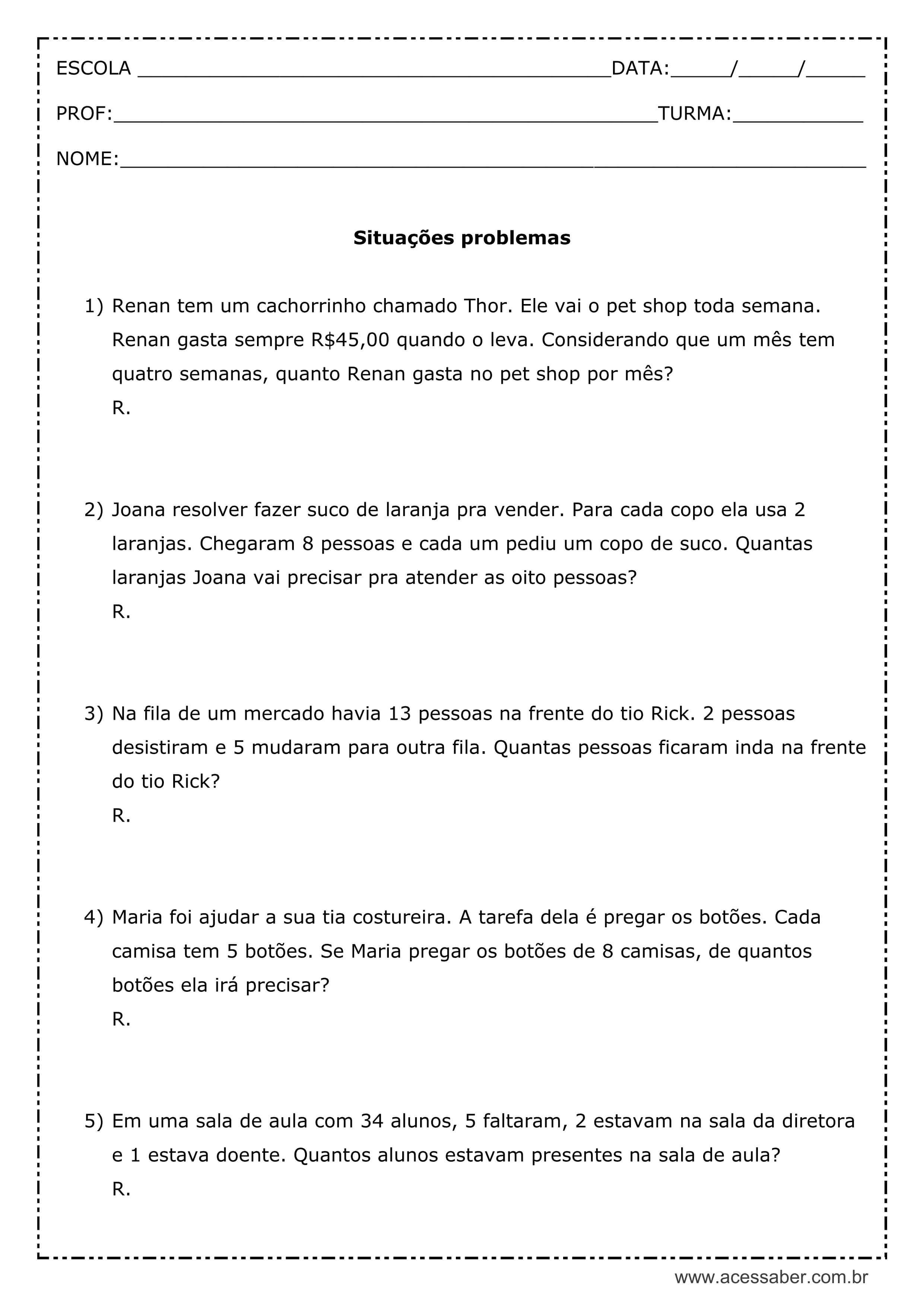 Atividades de Matemática PET - 5º Ano - ATUALIZADO