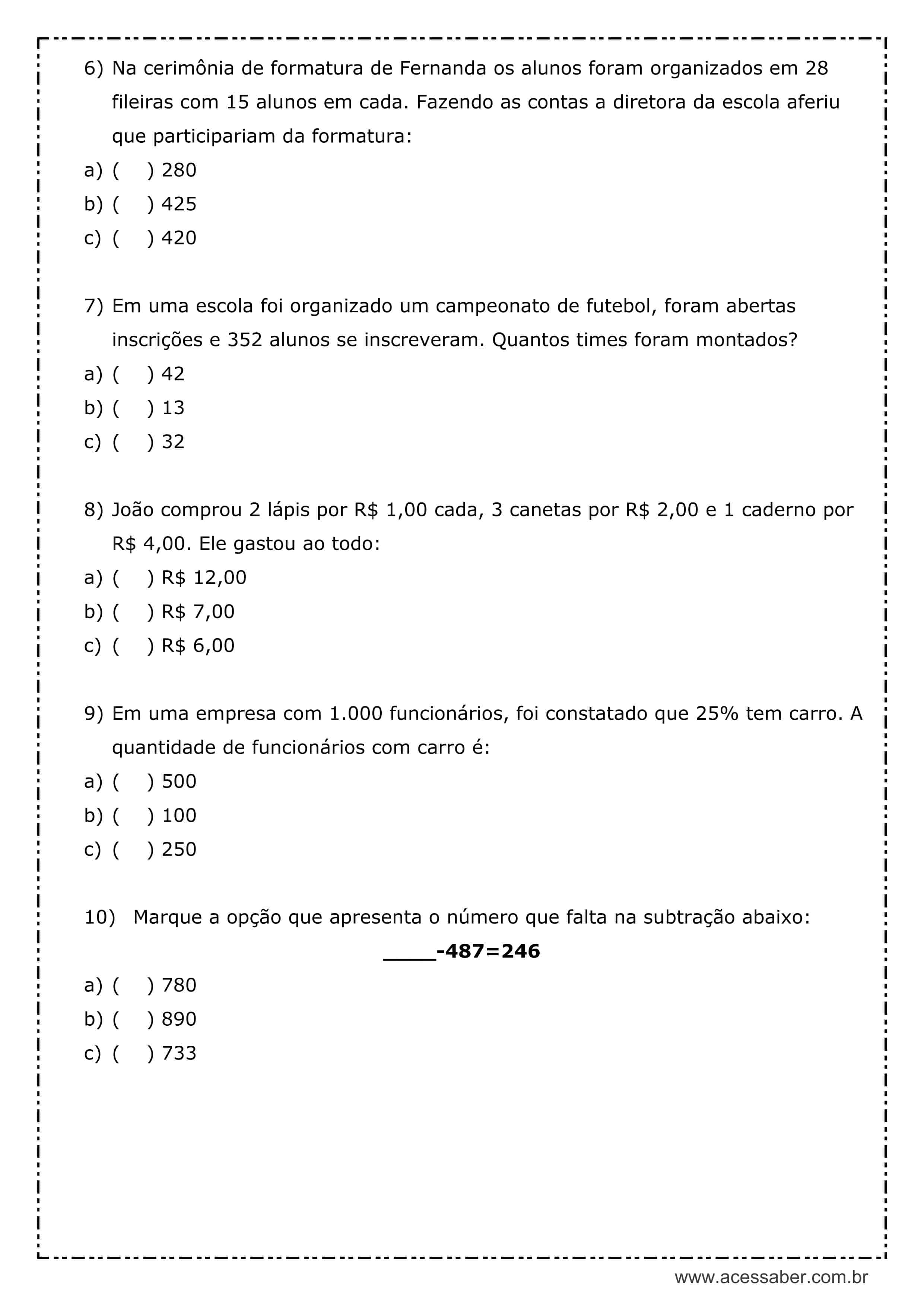 Atividades de Matemática para Quarta Série - Atividades de Matematica