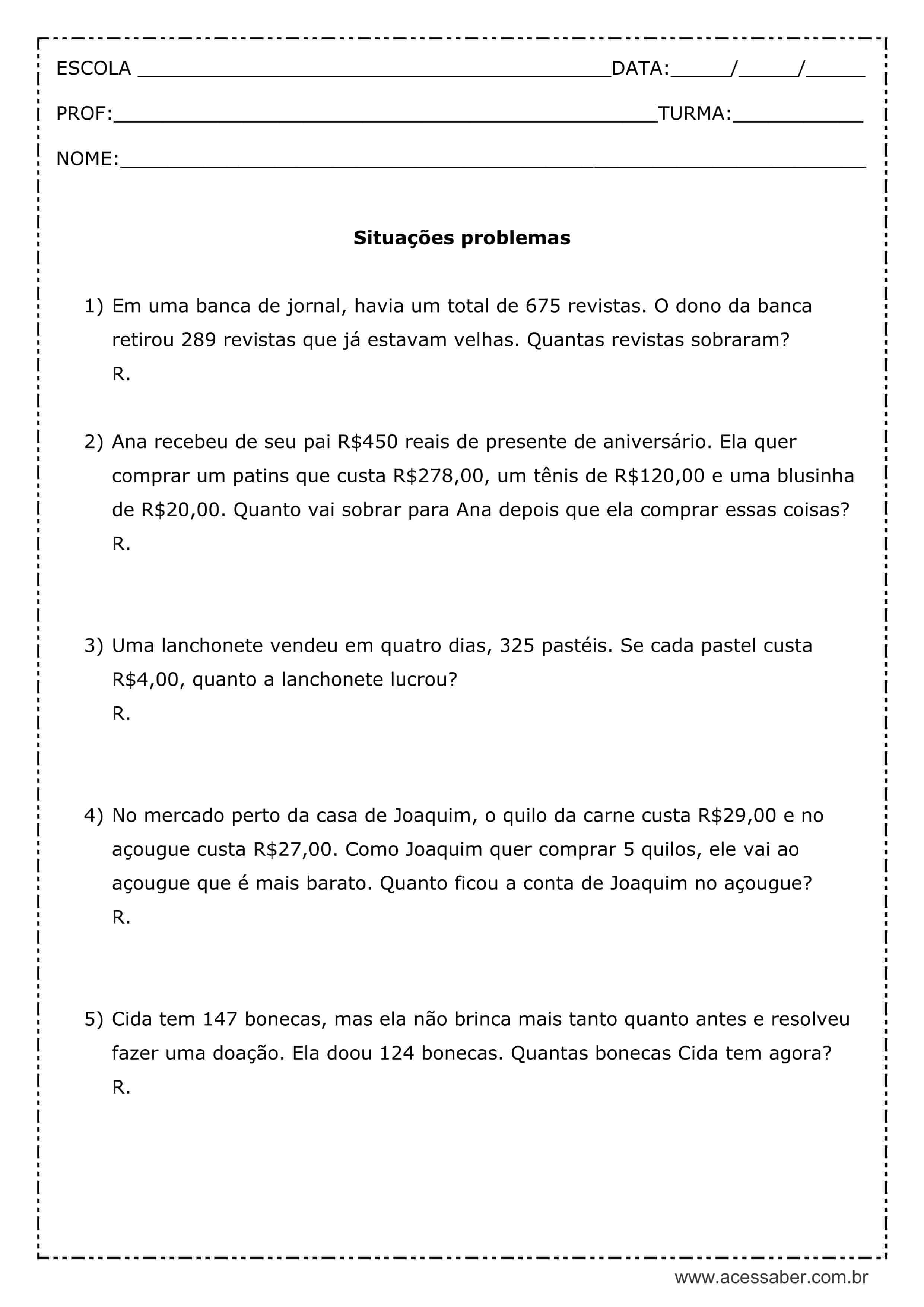 Atividades de Matemática para o 4º ano com problemas