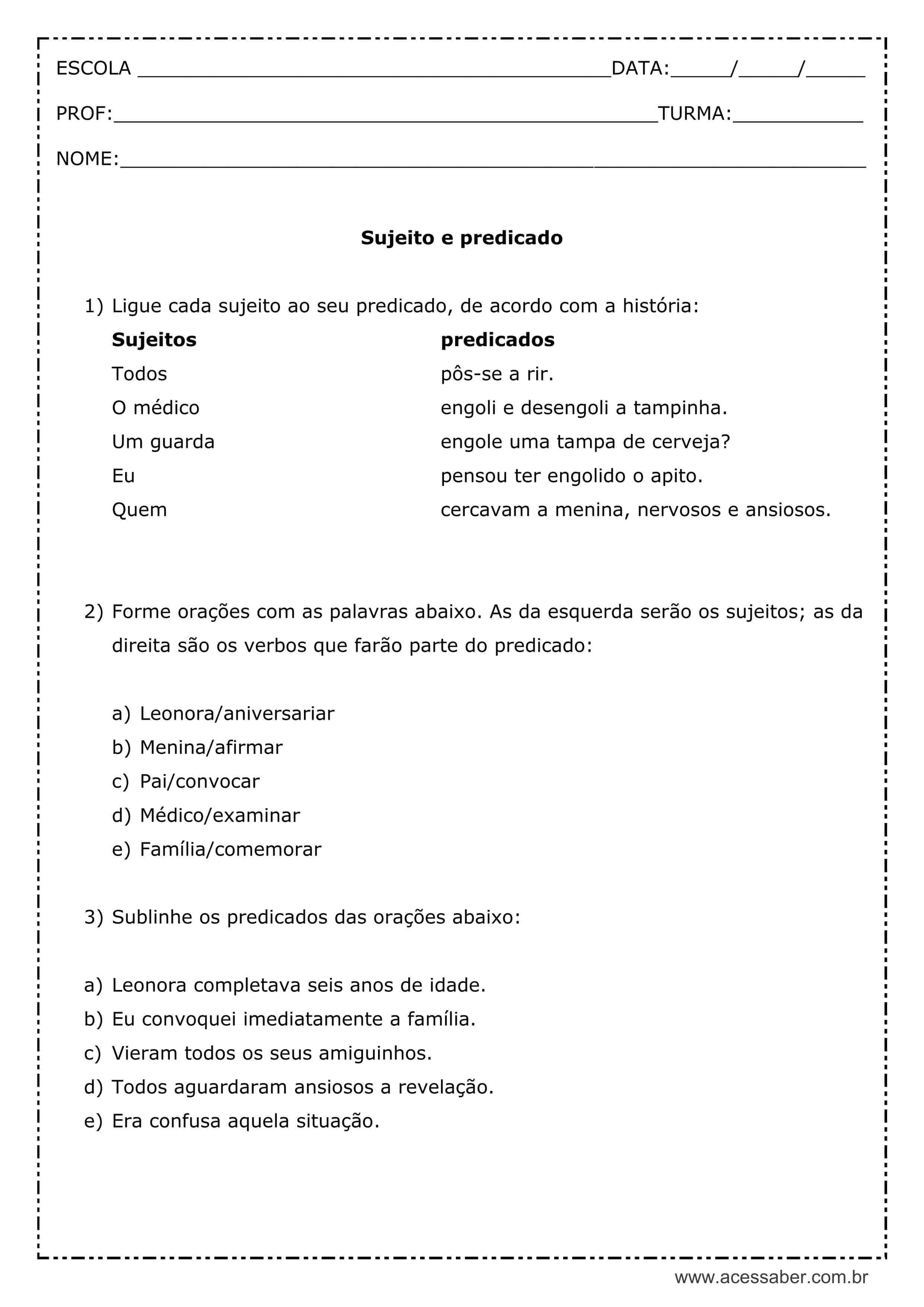 Perguntas sobre tipos de sujeito e predicado