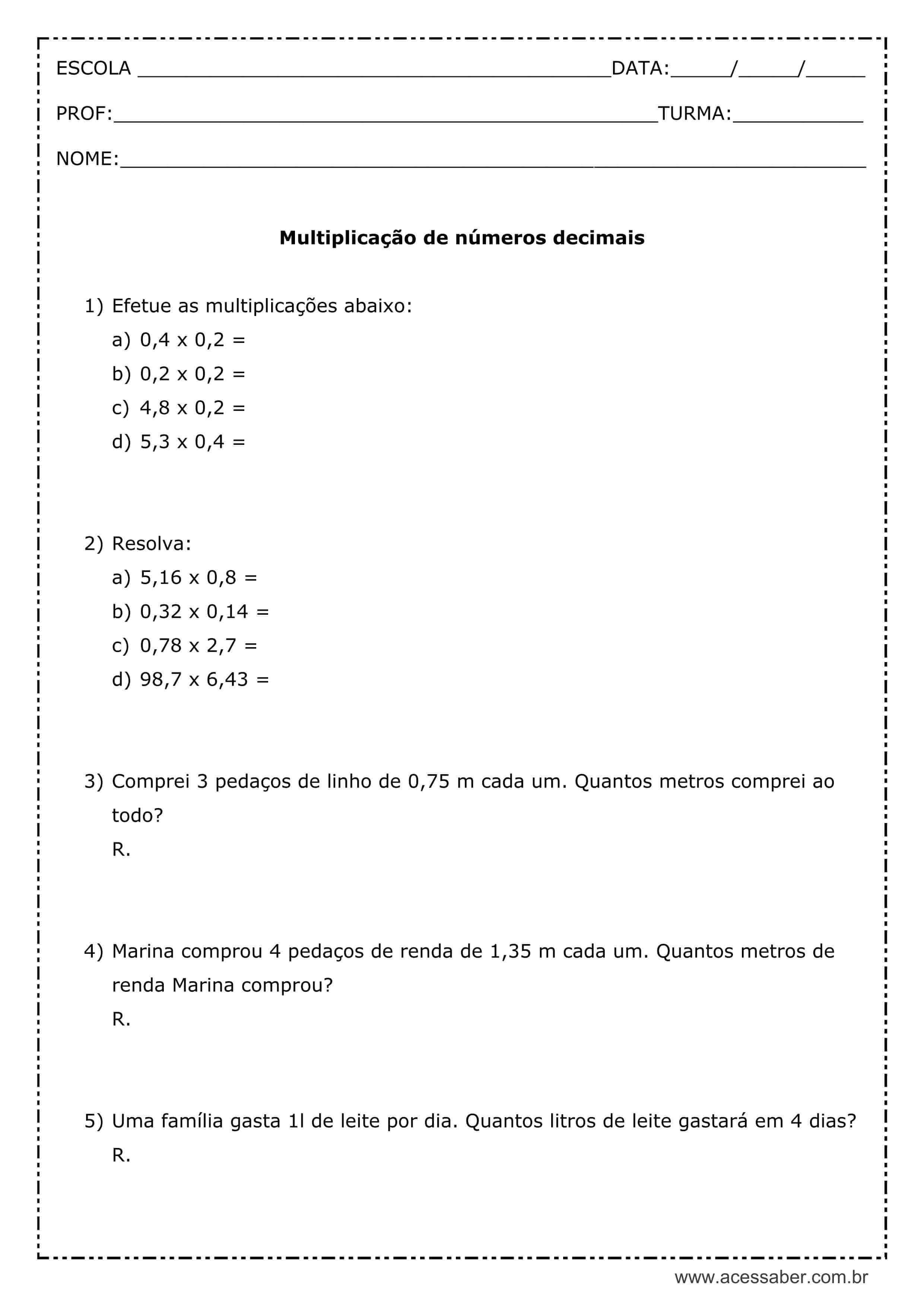 ATIVIDADE DE FIXAÇÃO DE MATEMÁTICA - Nº 5 - COMPARAÇÃO DE NUMEROS DECIMAIS  