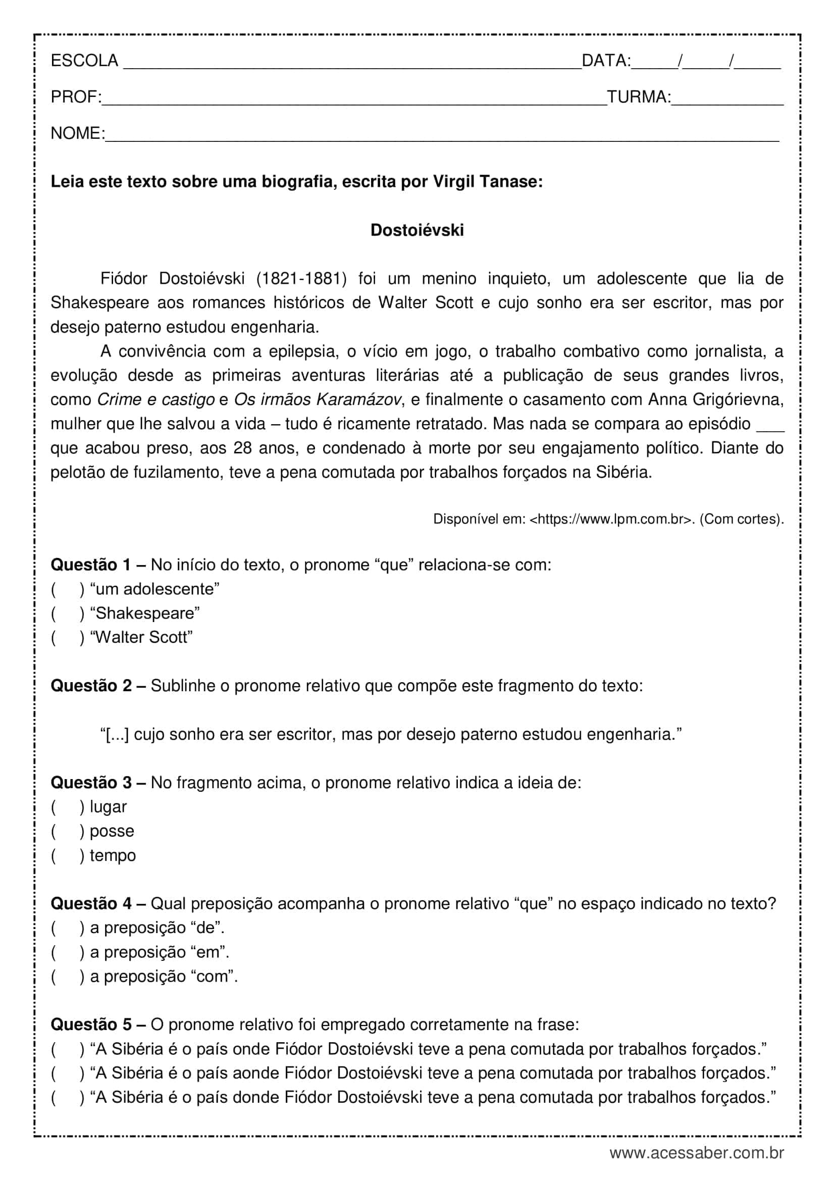 Atividade de português: Pronomes relativos - 8º anos - Acessaber