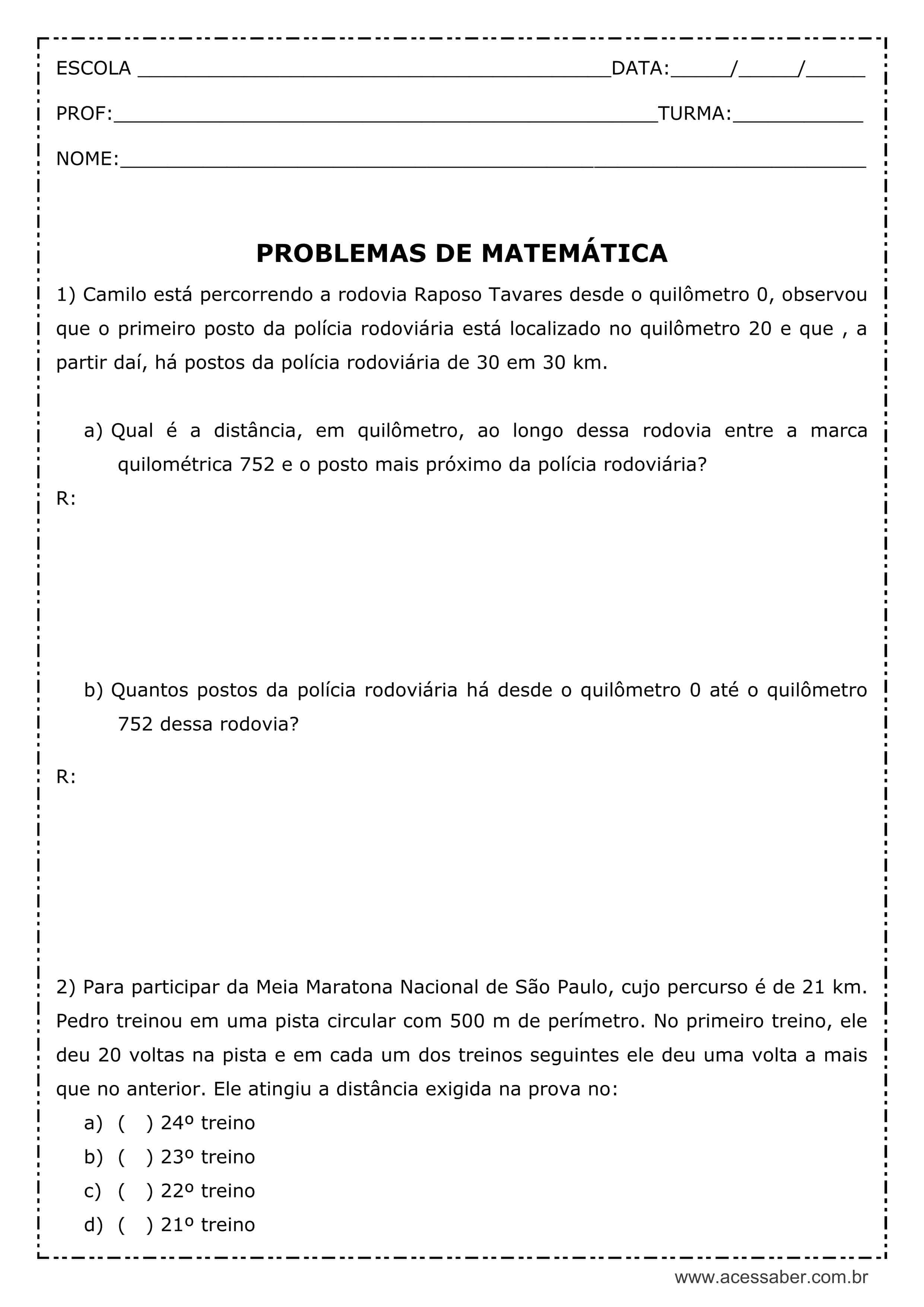 Atividade de matemática PDF 2º ano probleminhas