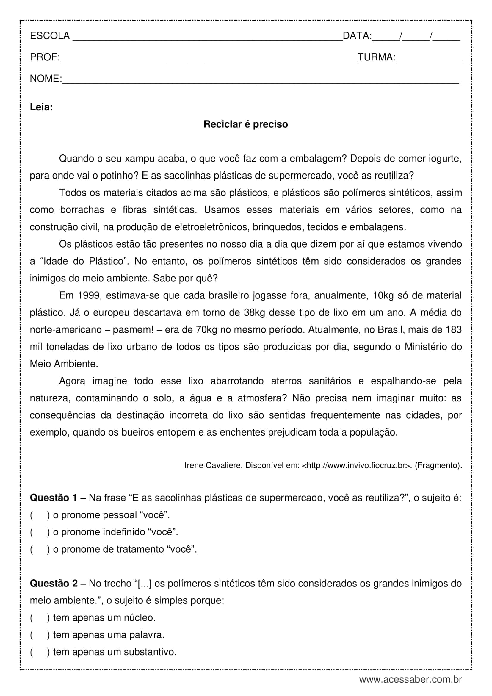 Exercicios Tipos de Sujeitos, PDF, Assunto (gramática)