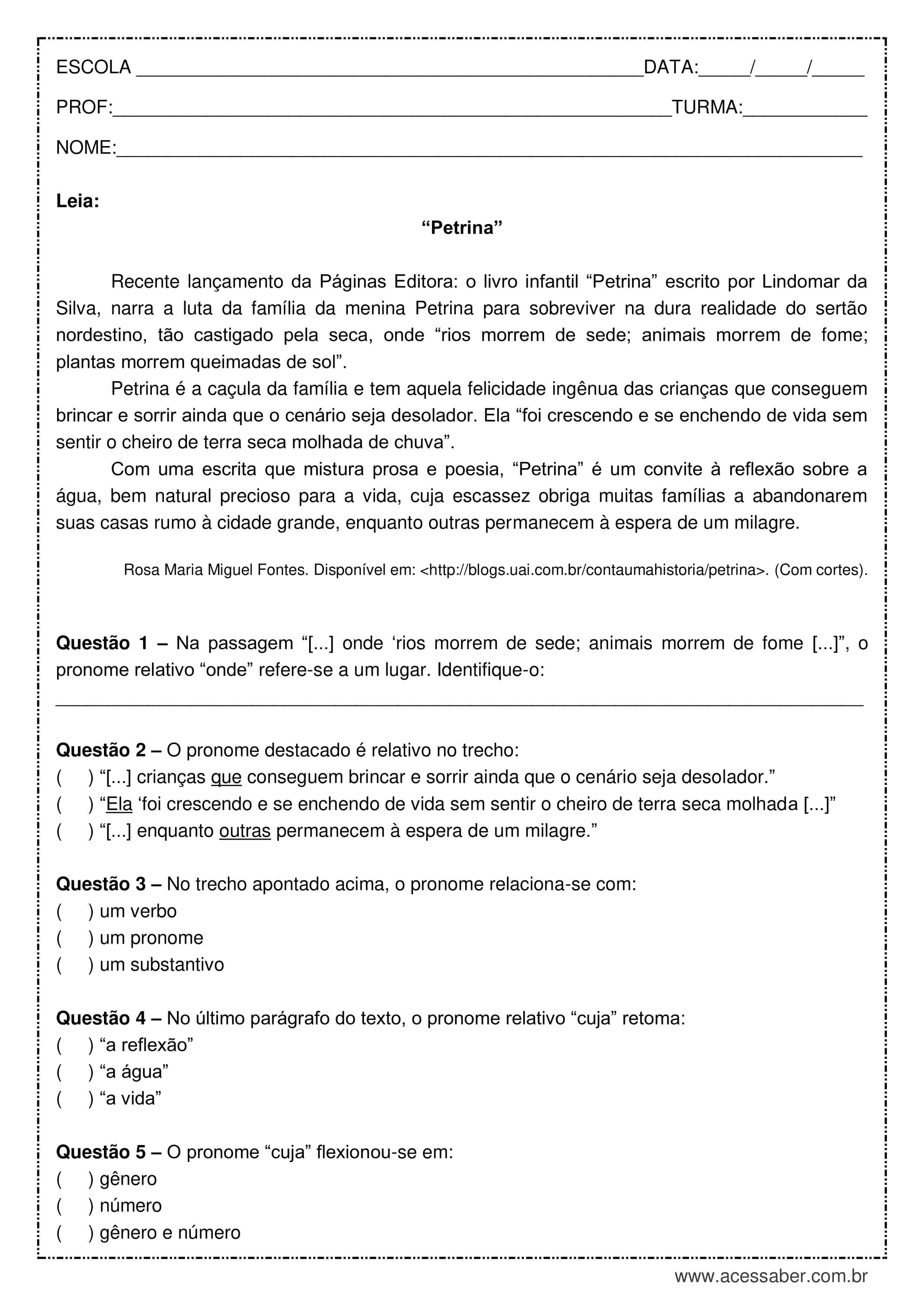 Atividade de português: Pronomes relativos - 8º anos - Acessaber