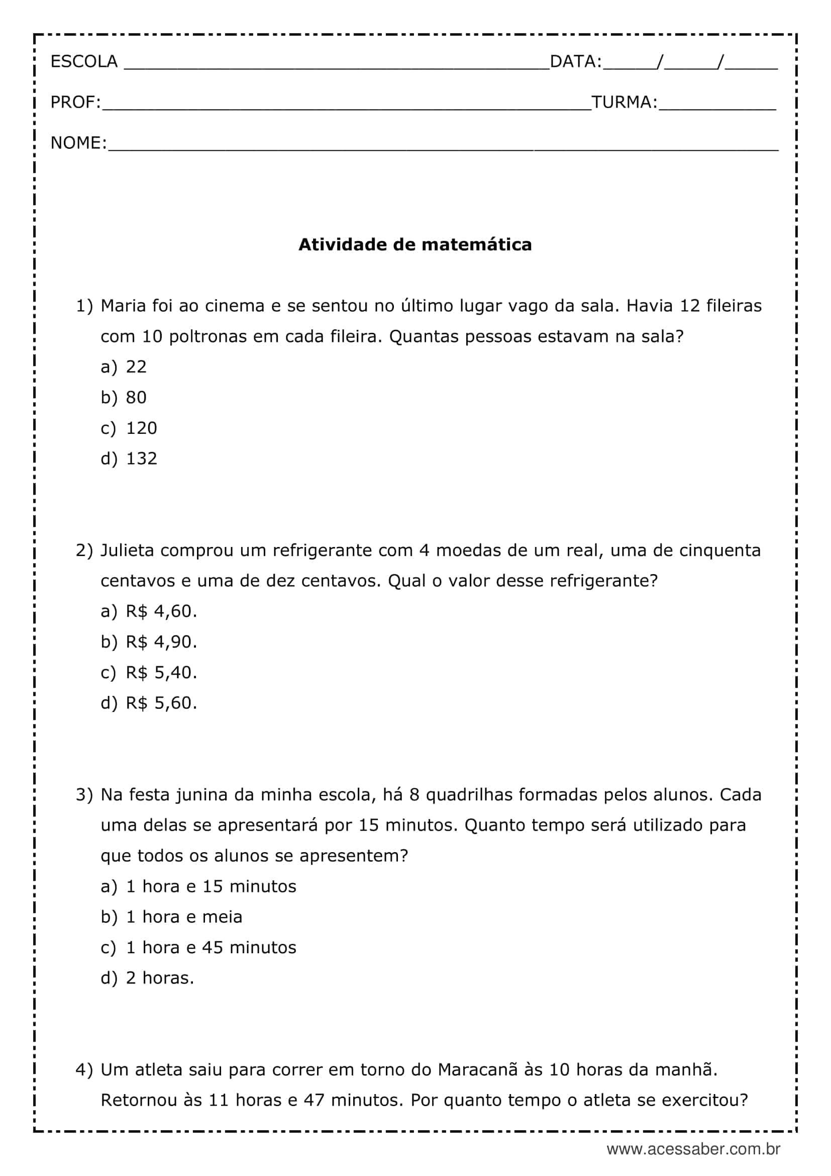 Atividade de matemática - as Quatro Operações Básicas - 4º ano – 5° ano -  Com gabarito