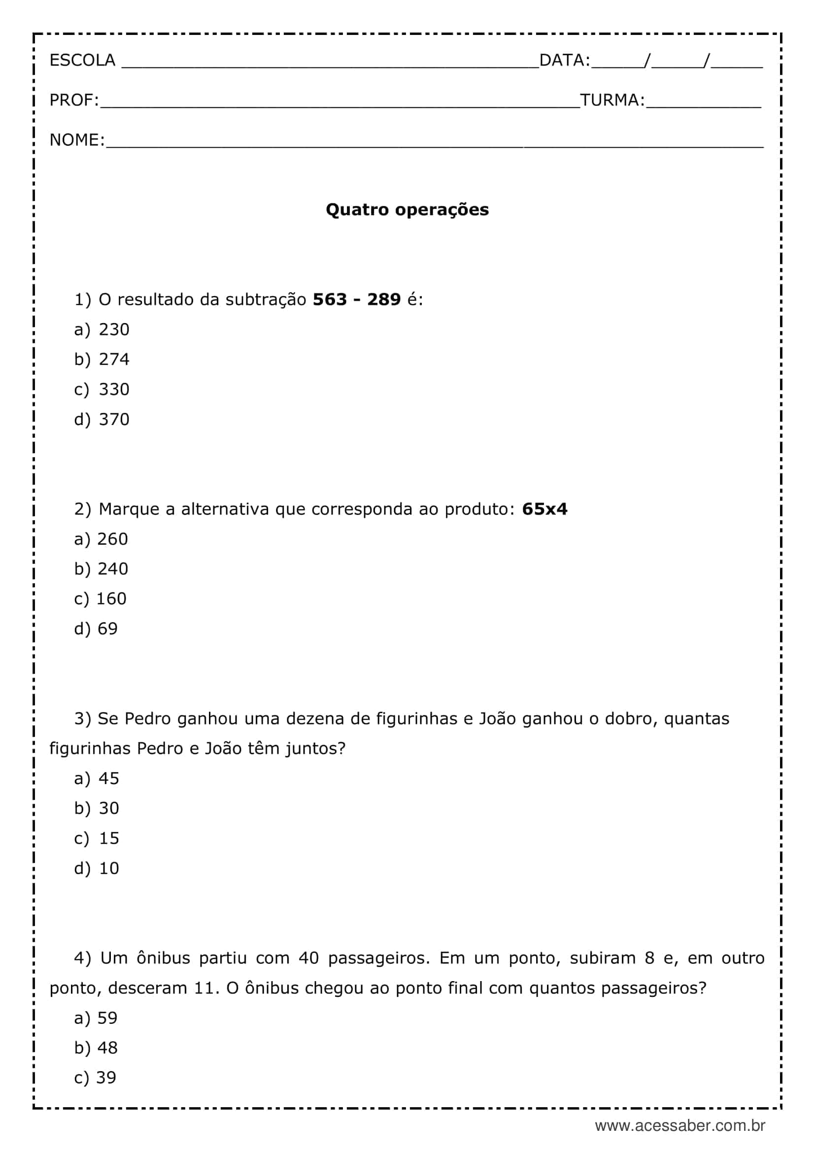 Atividades de Matemática 4 operações