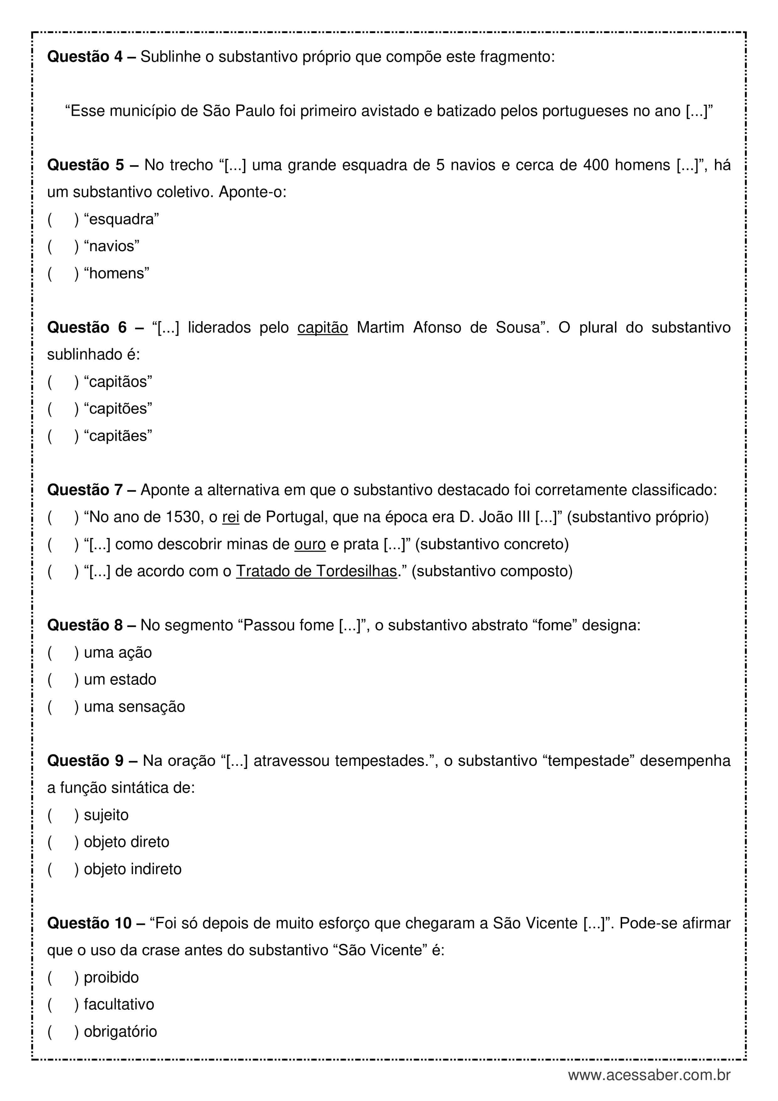 Substantivos: exercícios diversos