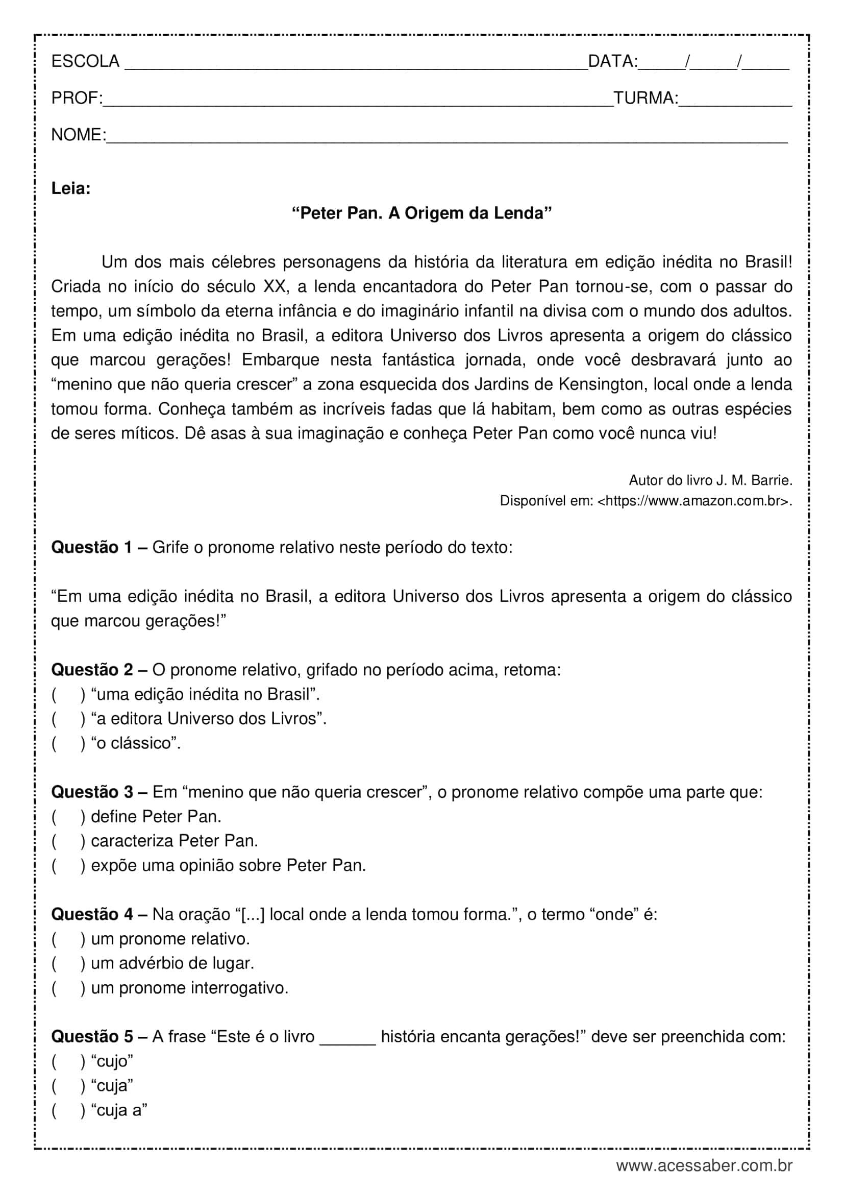 Emprego de pronomes relativos - Planos de aula - 8º ano - Língua