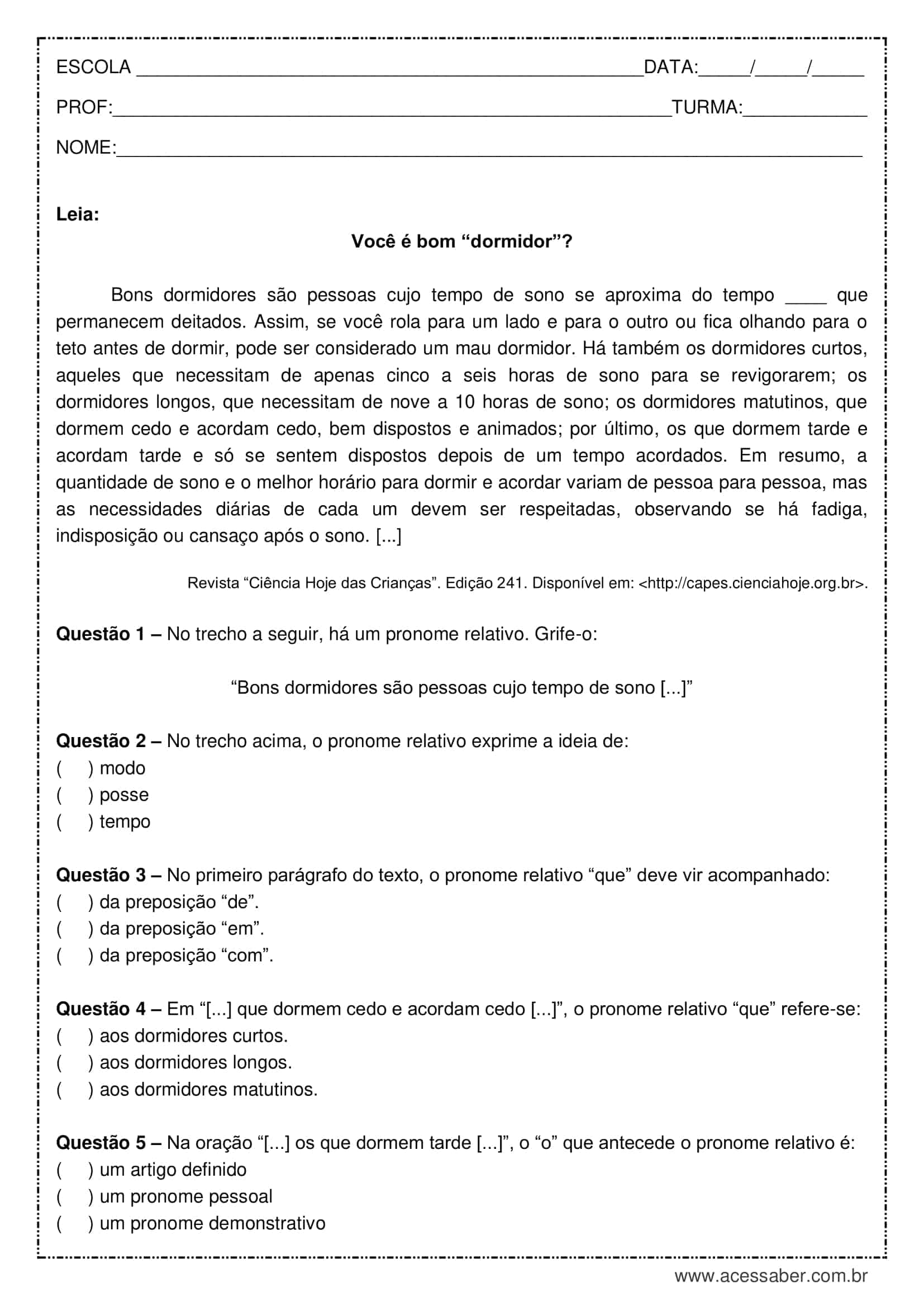 Ficha português 8 - ns - Distinguir «que» pronome relativo de