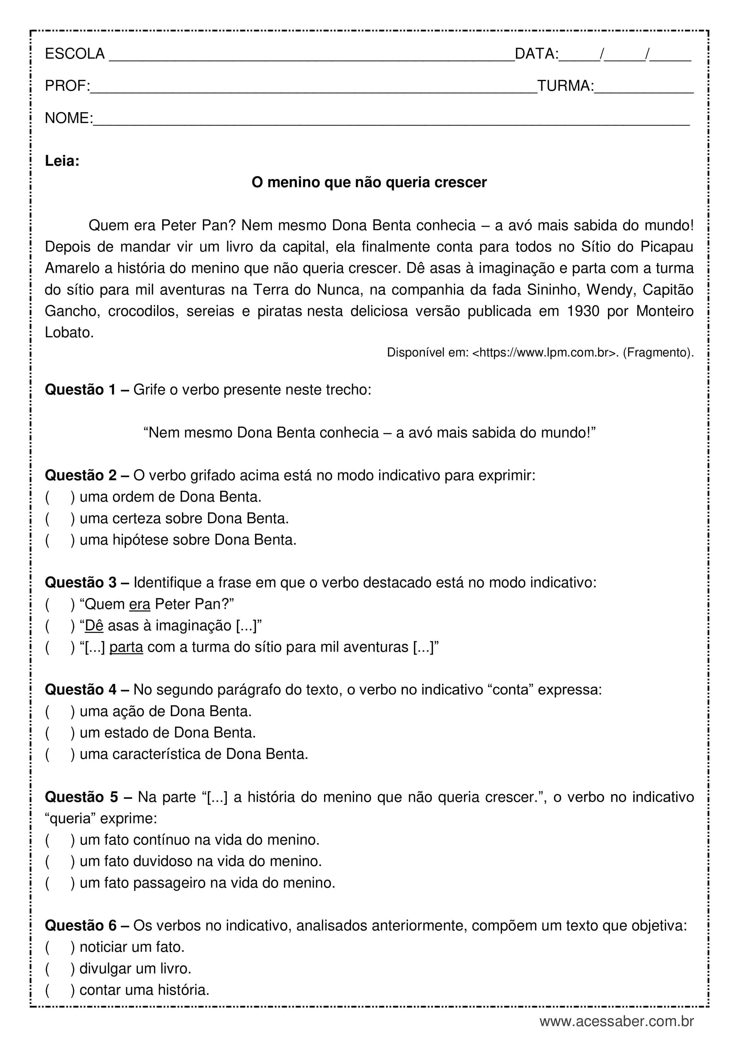 Exercícios com verbos Ser, Estar e Ficar: inclui gabarito