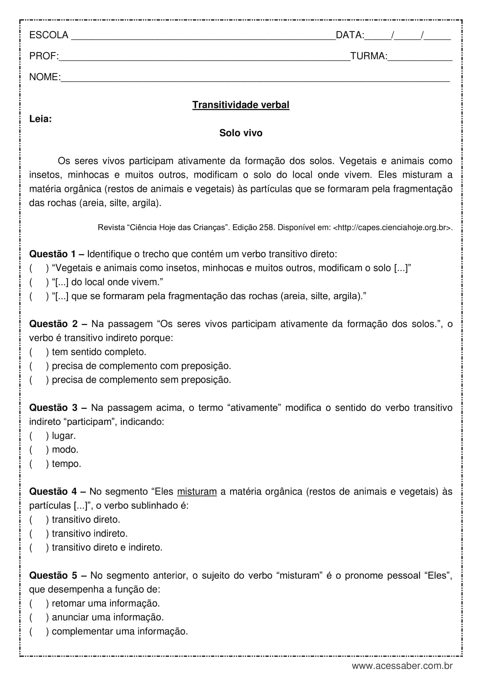 LISTA de EXERCÍCIOS sobre TRANSITIVIDADE VERBAL com gabarito