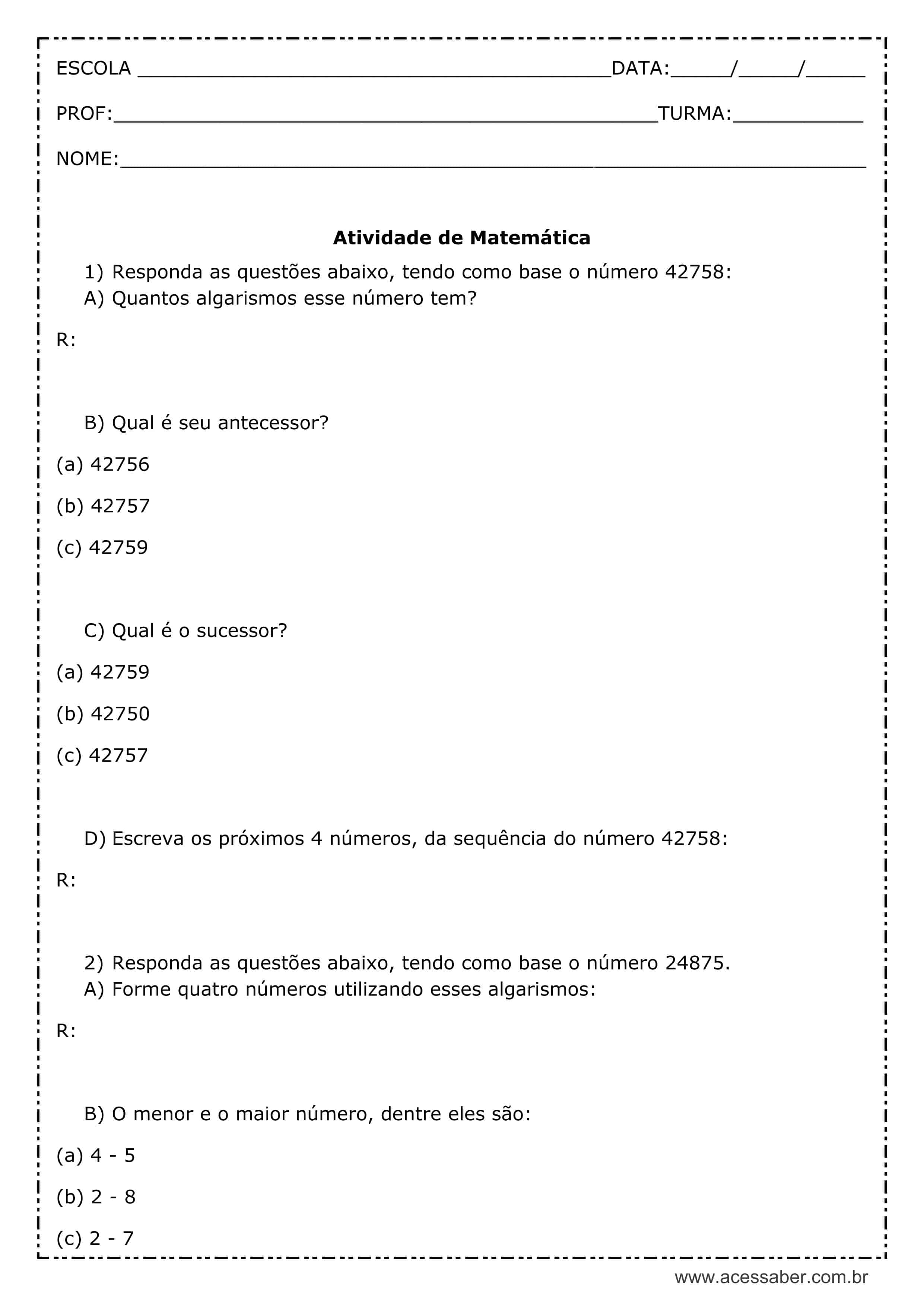 Atividade de matemática 3º ano números