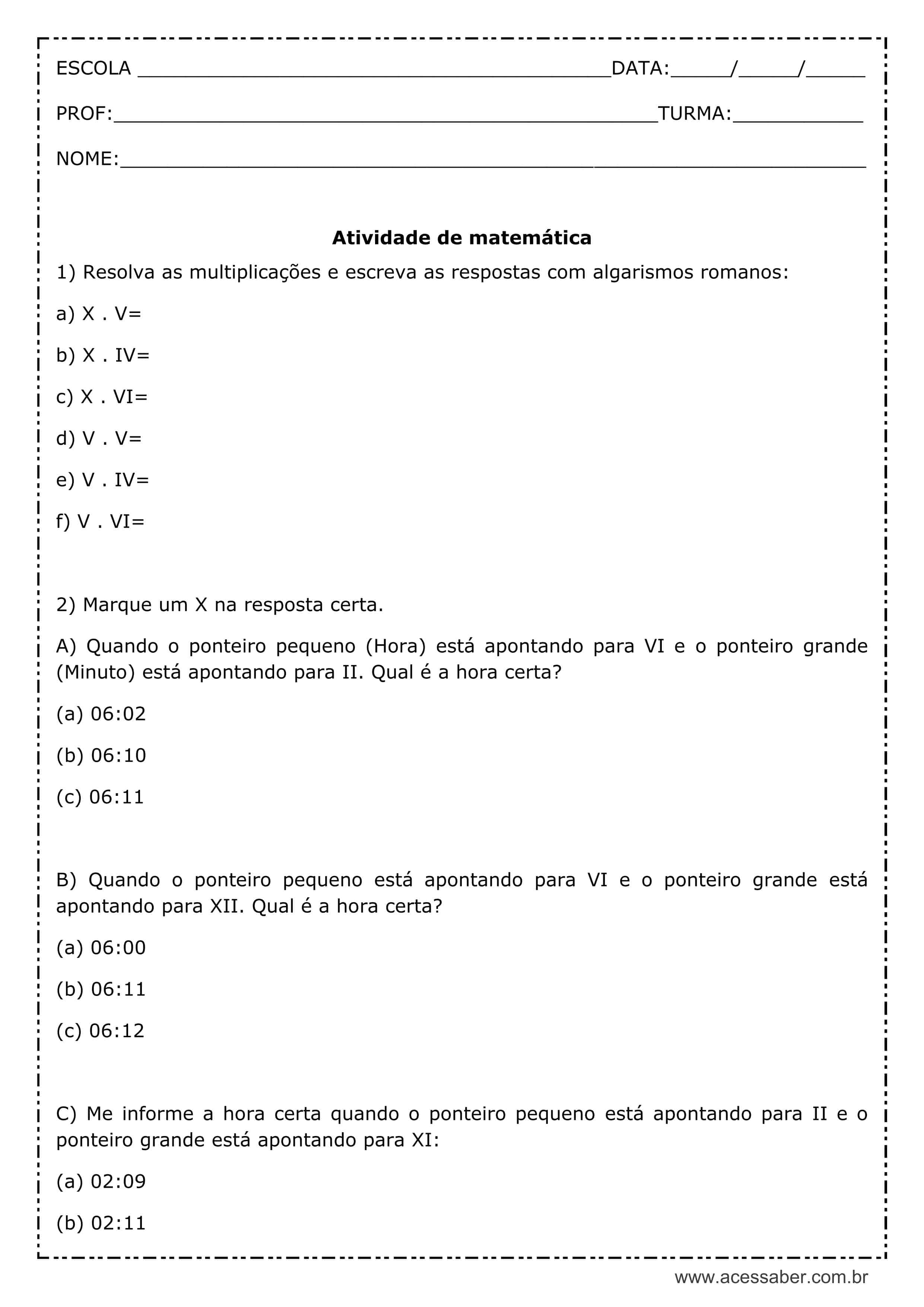 Atividade de matemática: Os algarismos - 4º ano - Acessaber