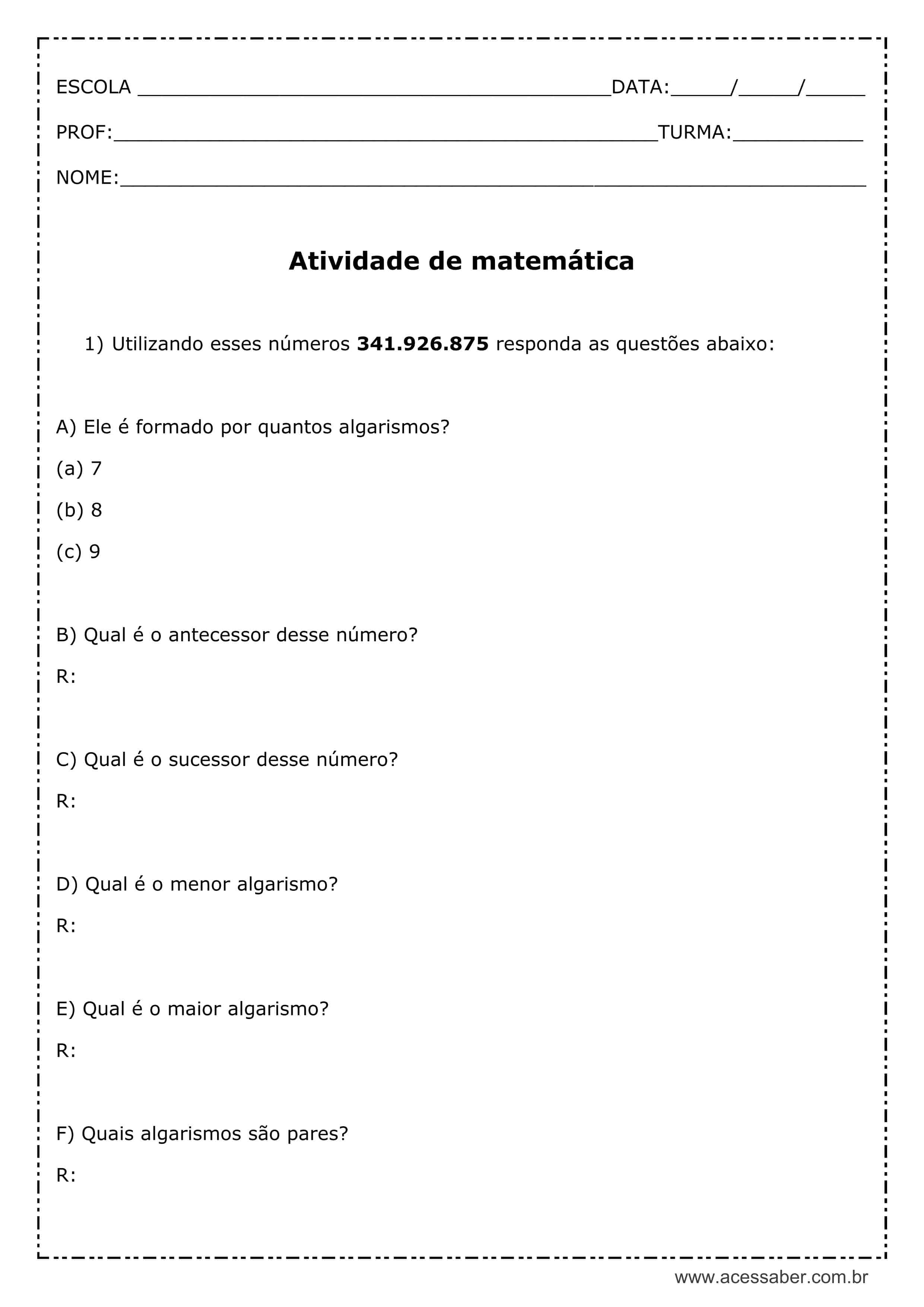 ATIVIDADES DE MATEMÁTICA - QUINTO ANO