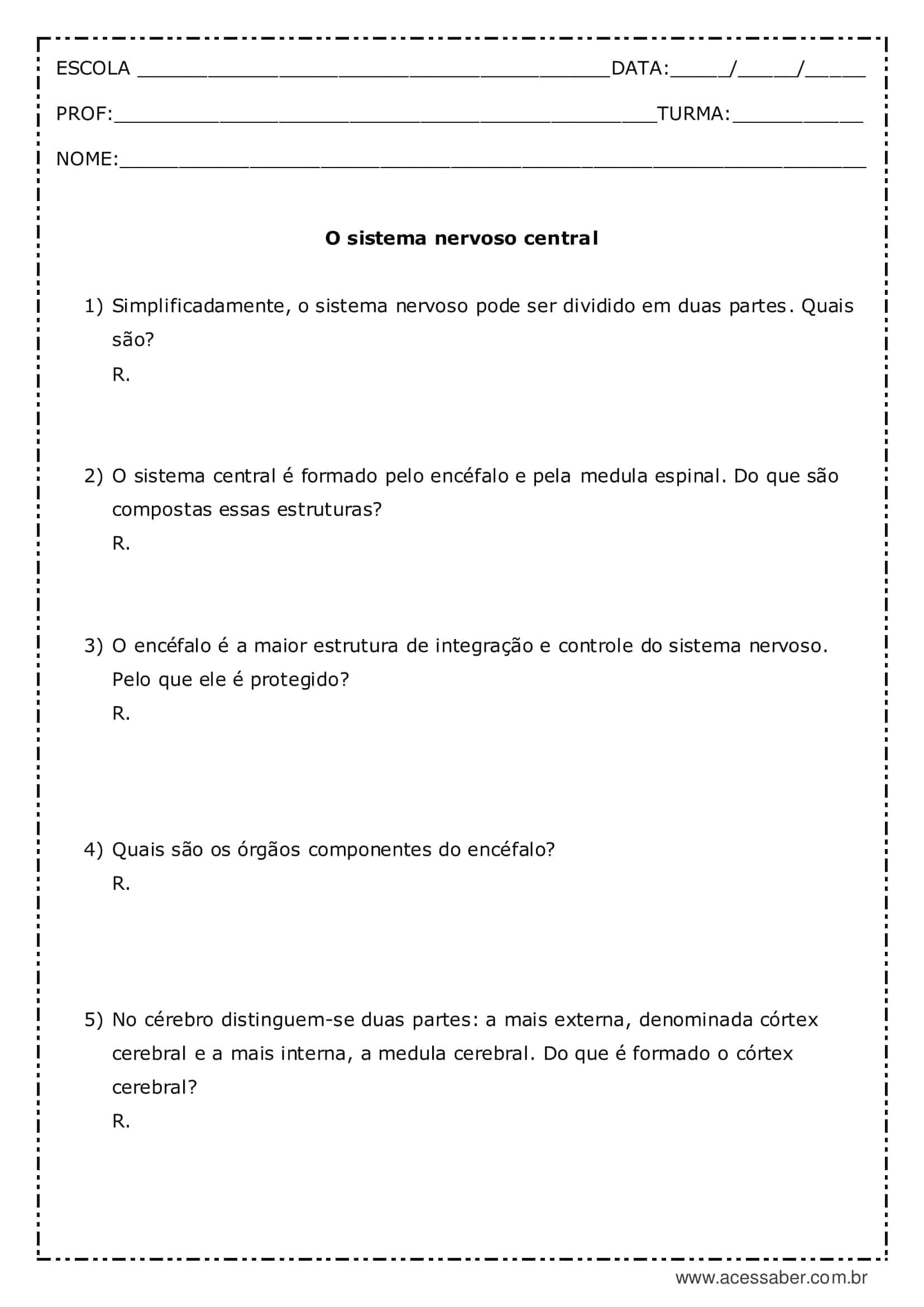 Atividades sobre Sistema Nervoso - Ensino Fundamental.