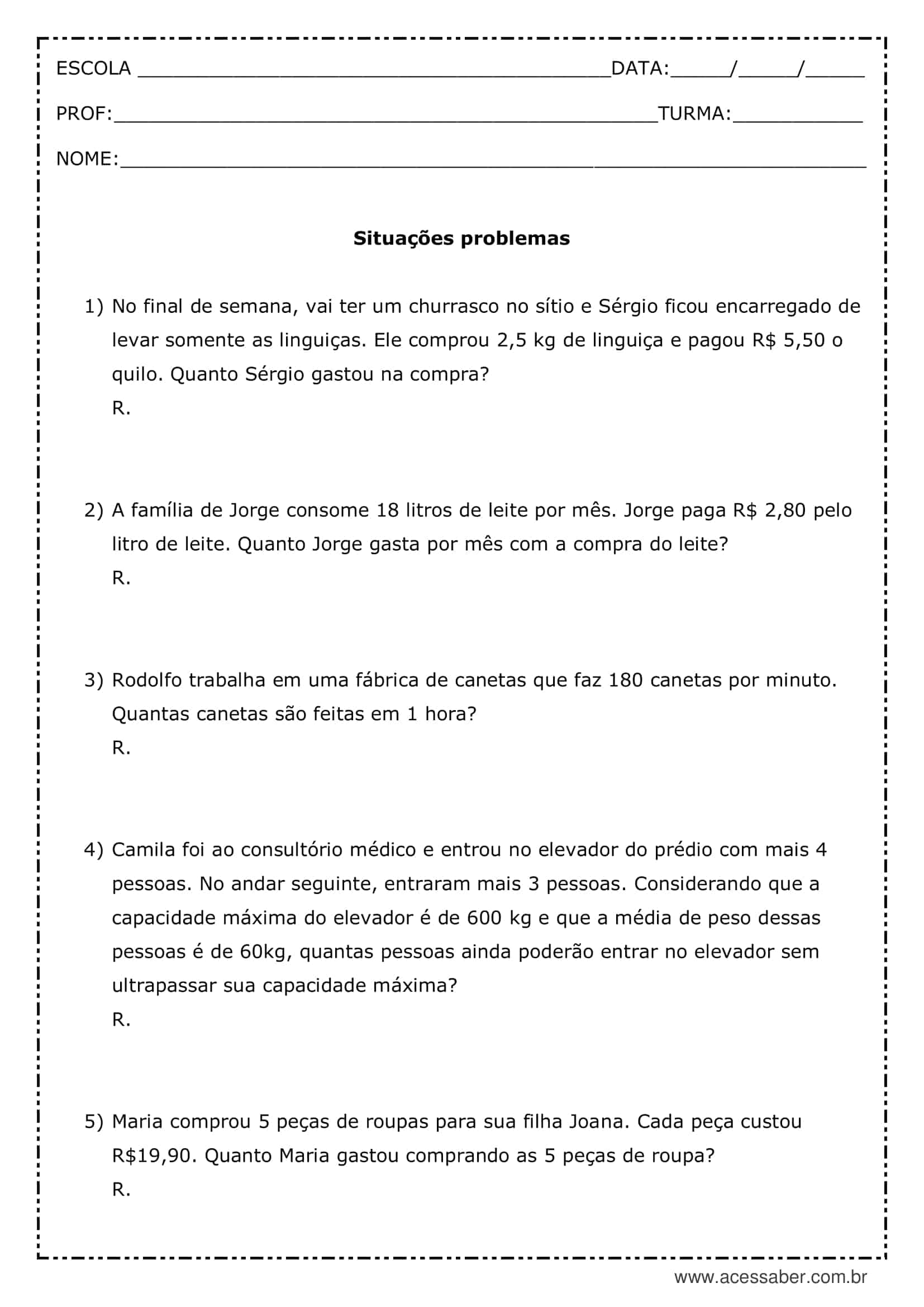 Atividades de matemática 5º ano - Problemas e escrita literal