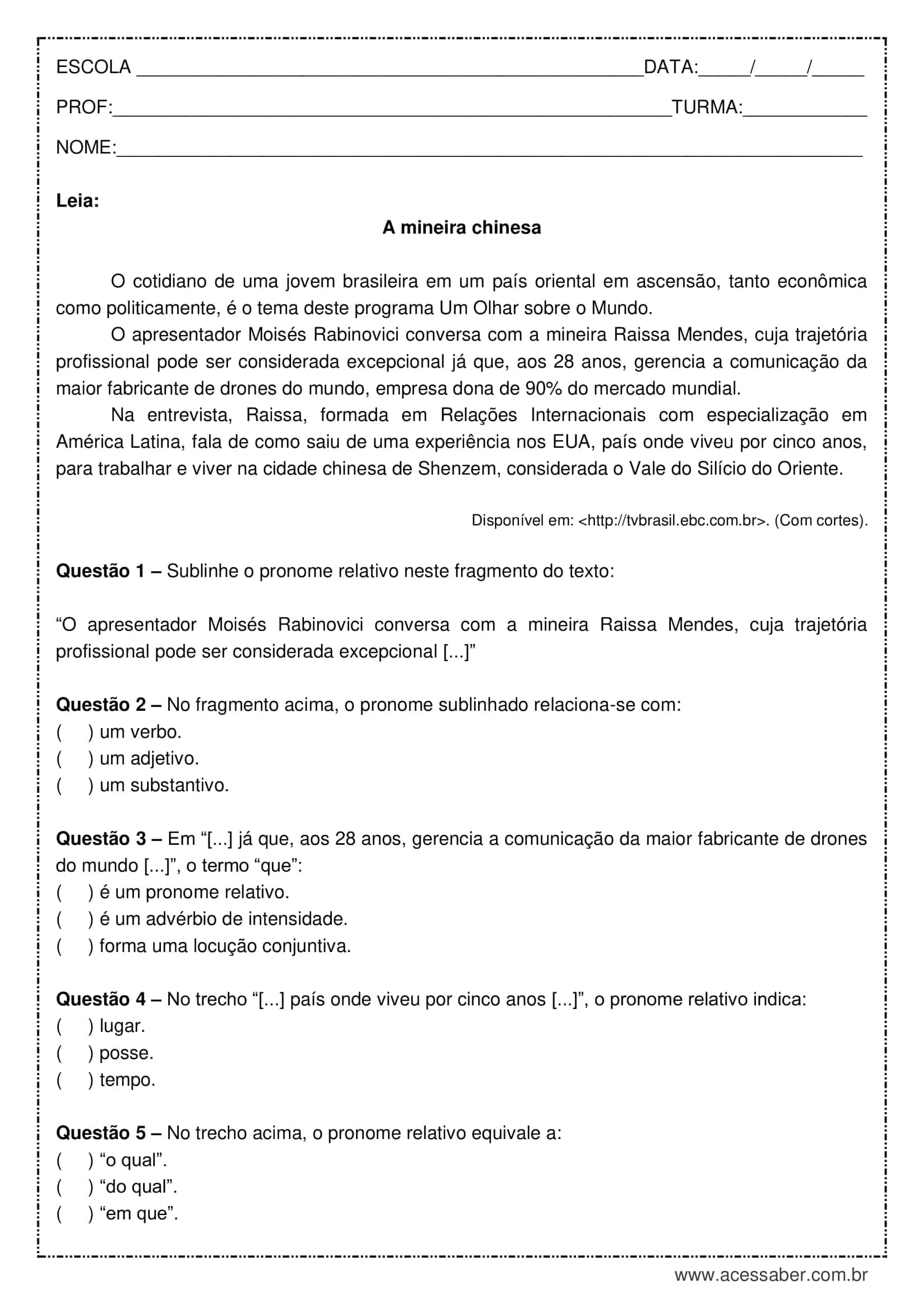 Emprego de pronomes relativos - Planos de aula - 8º ano - Língua Portuguesa