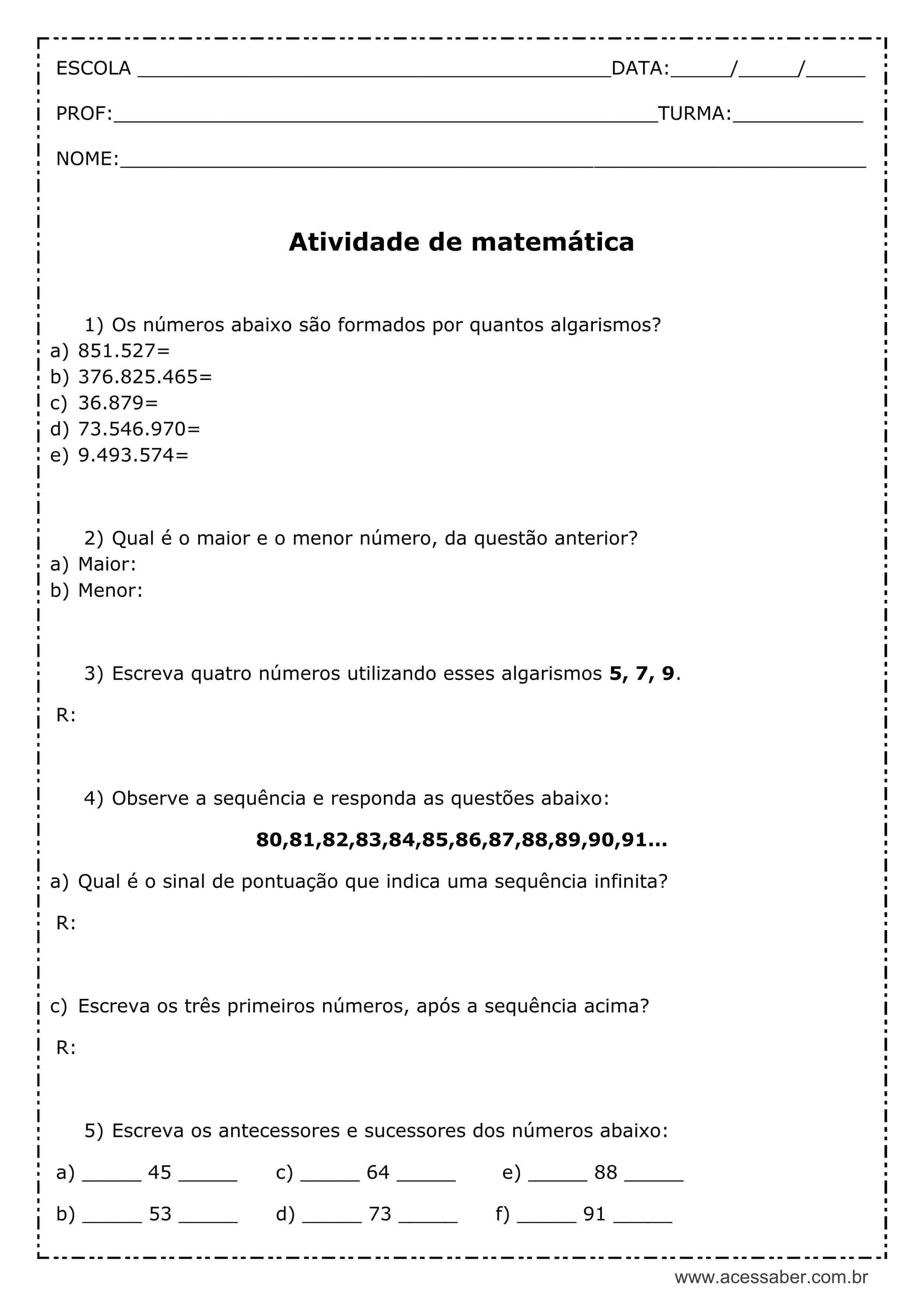 Atividade de matemática: Os algarismos - 4º ano - Acessaber