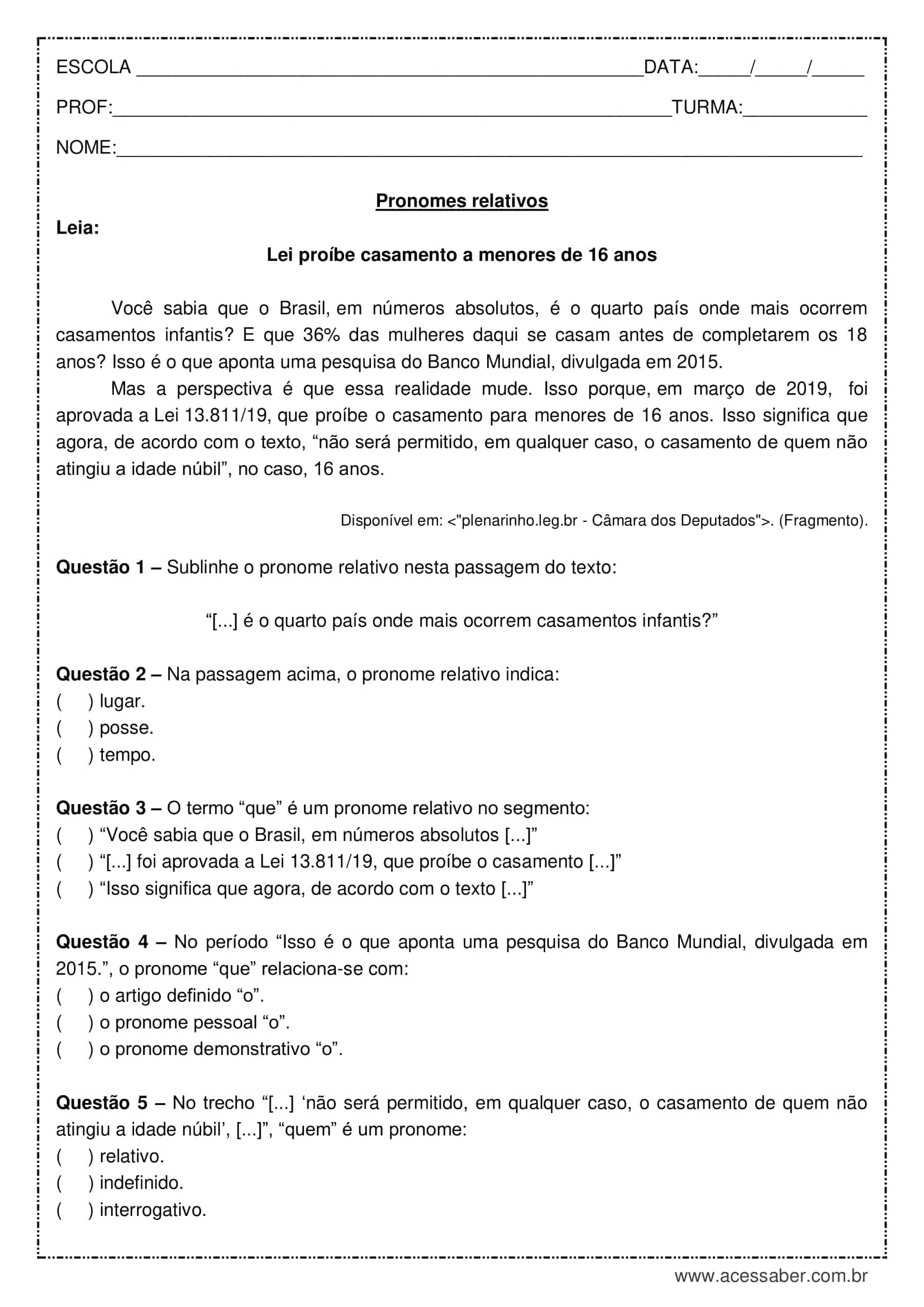 Plano de aula - 8º ano - Os pronomes relativos e seus antecedentes