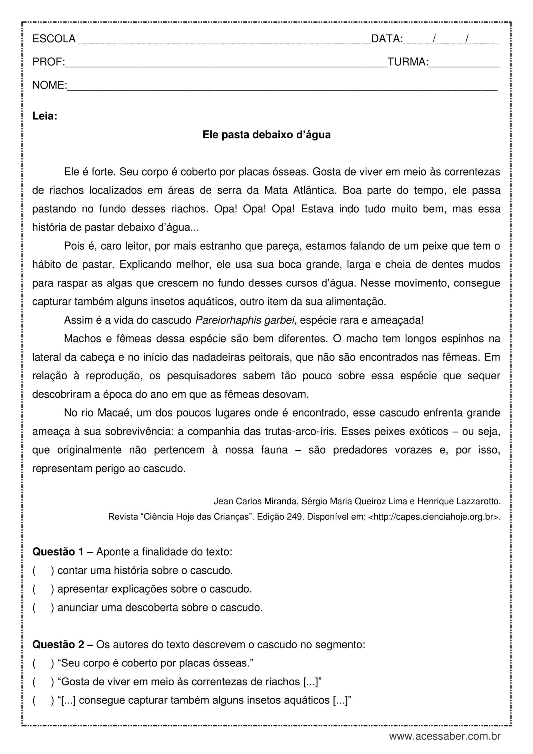 Texto De Artes Com Interpretação E Gabarito 6 Ano - RETOEDU