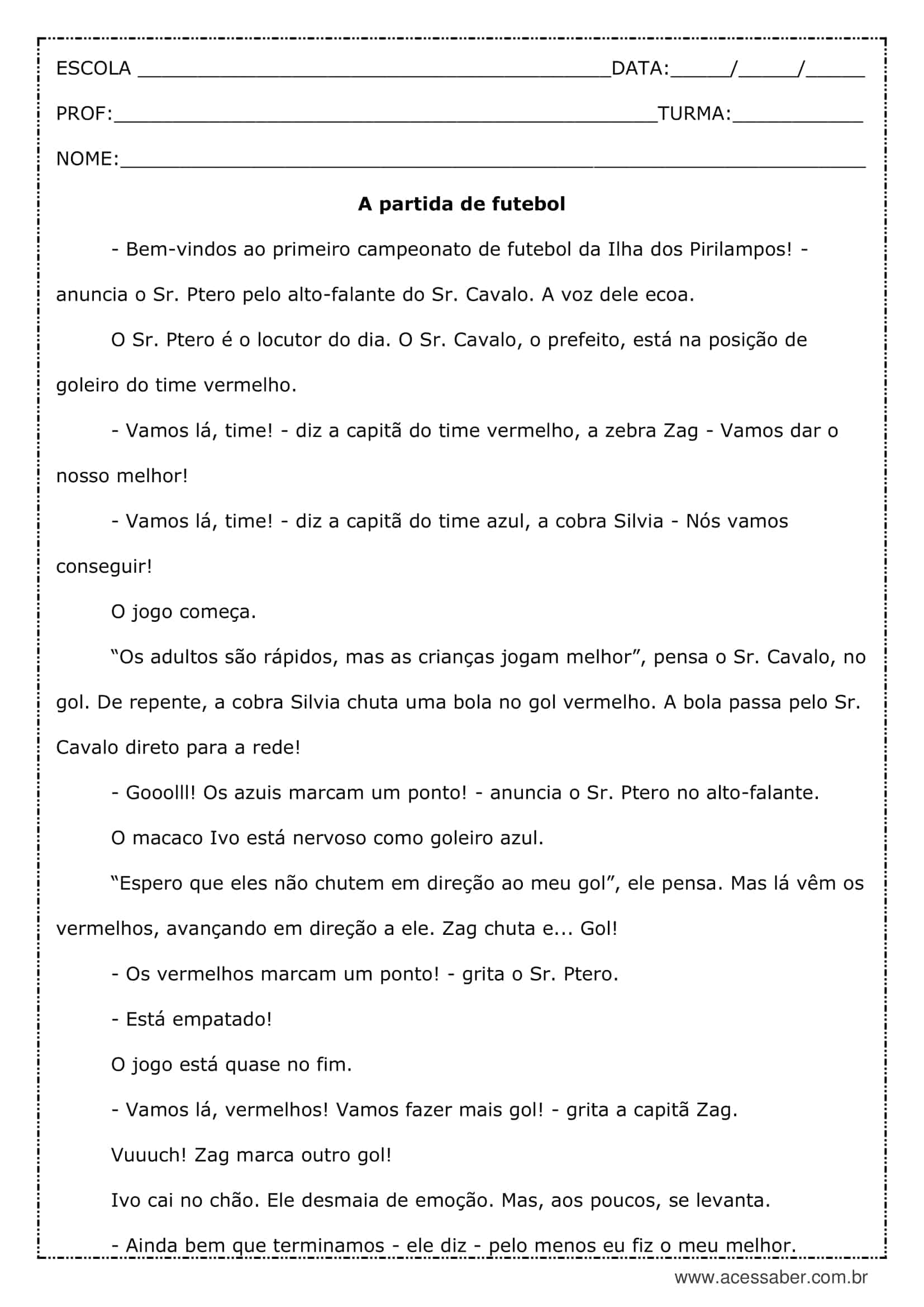 Atividade de Musica e Uma Partida de Futebol Compreensao de Texto