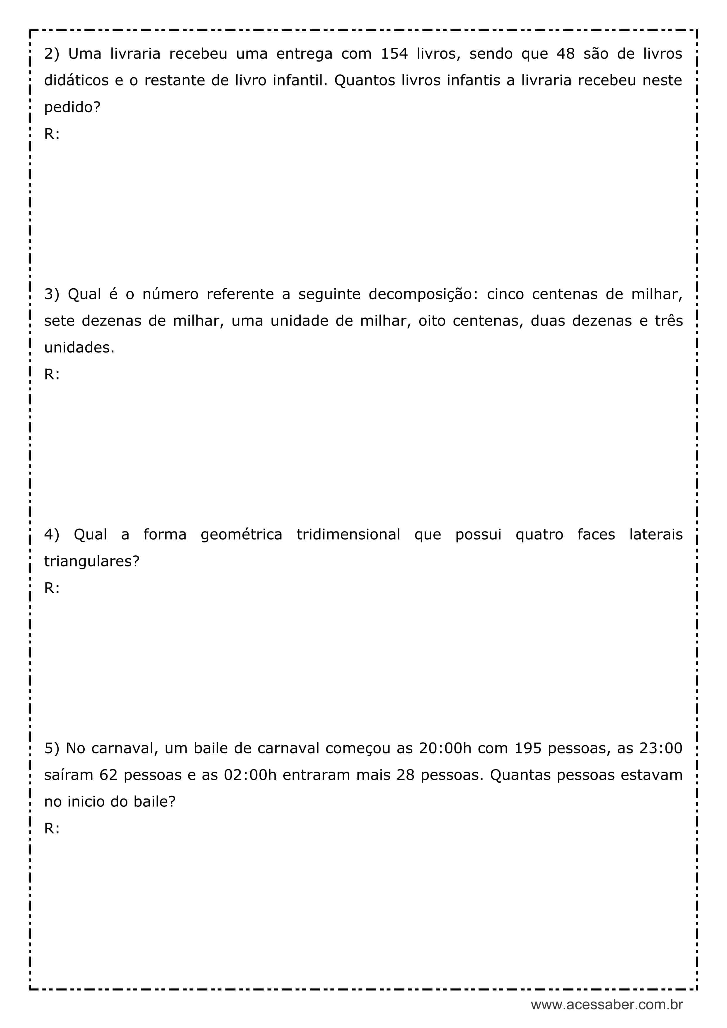 ATIVIDADES DE MATEMÁTICA - QUINTO ANO