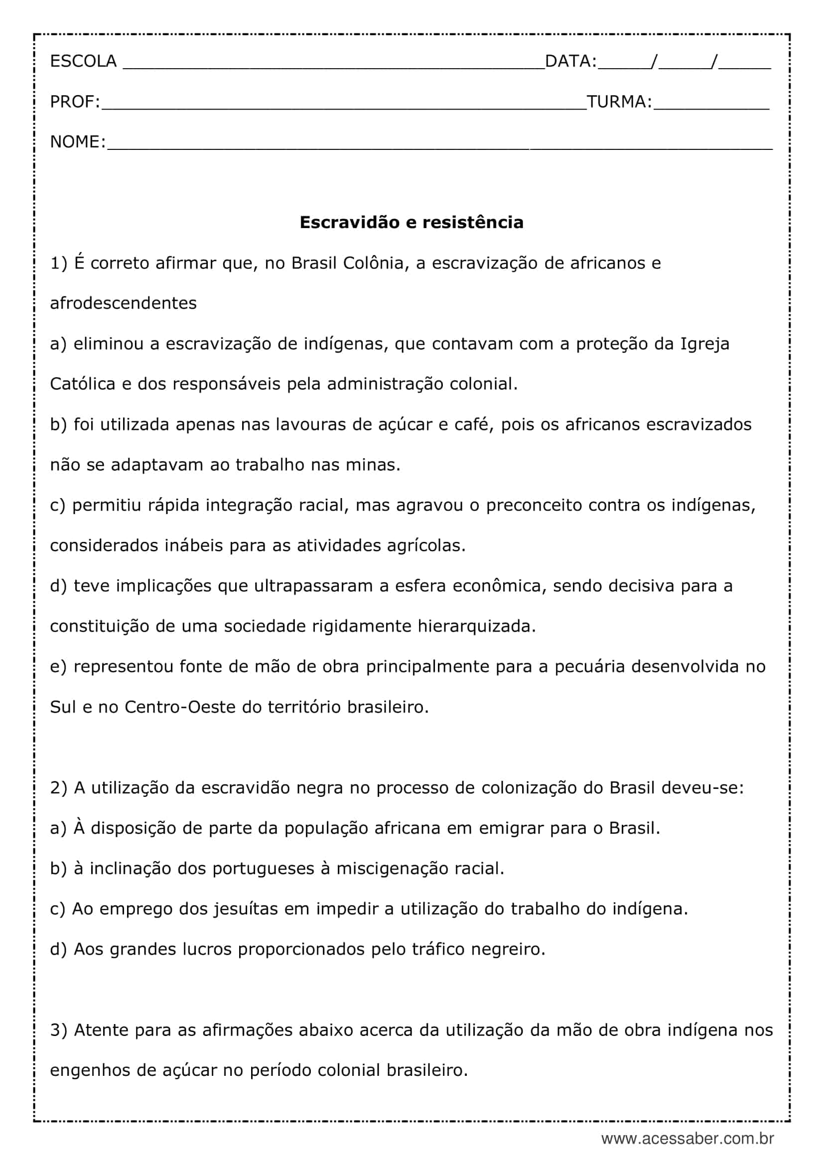 Quiz História 7 Ano, PDF, Escravidão