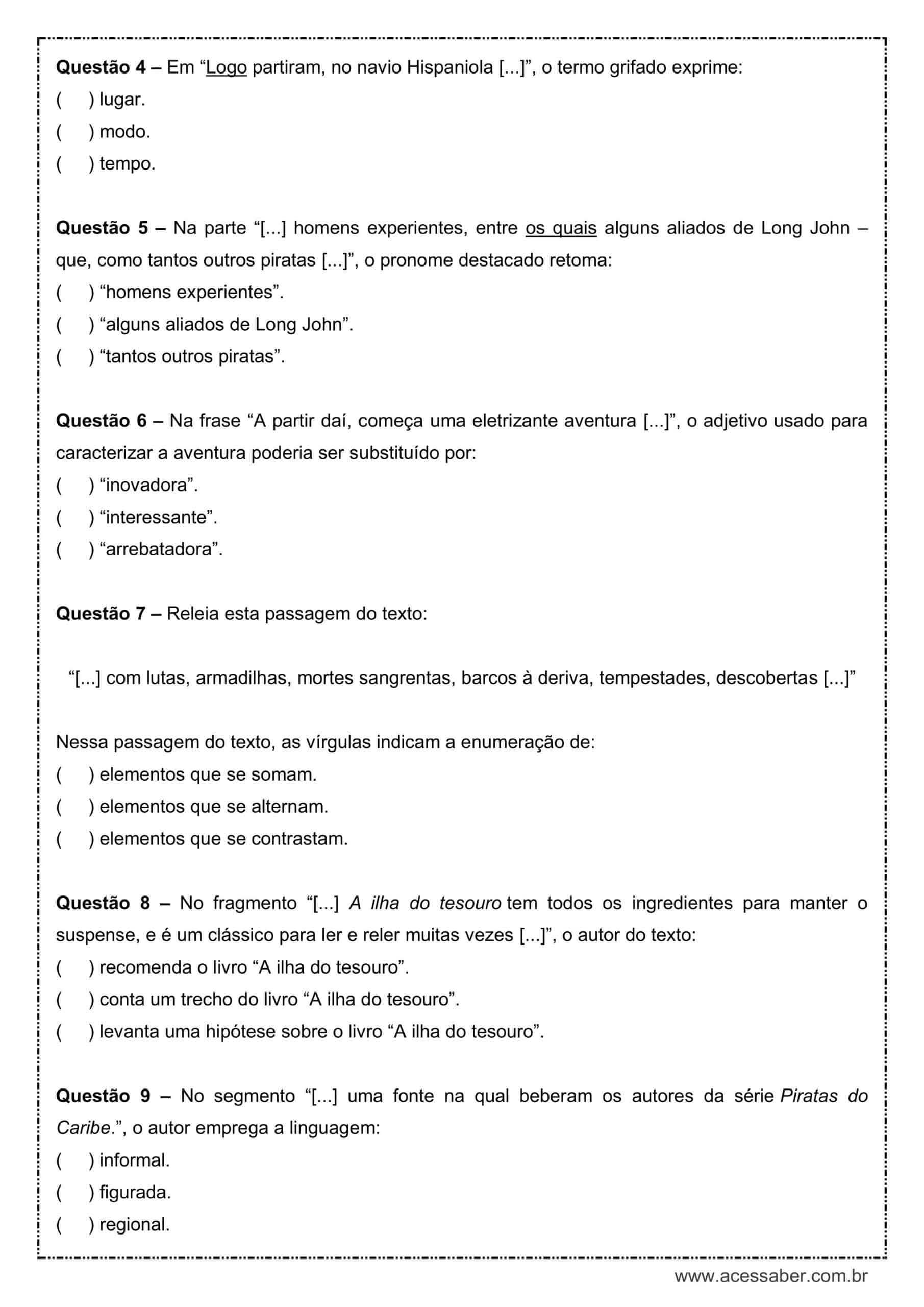 Interpretacao de Texto A Ilha Do Tesouro 6º Ano Respostas