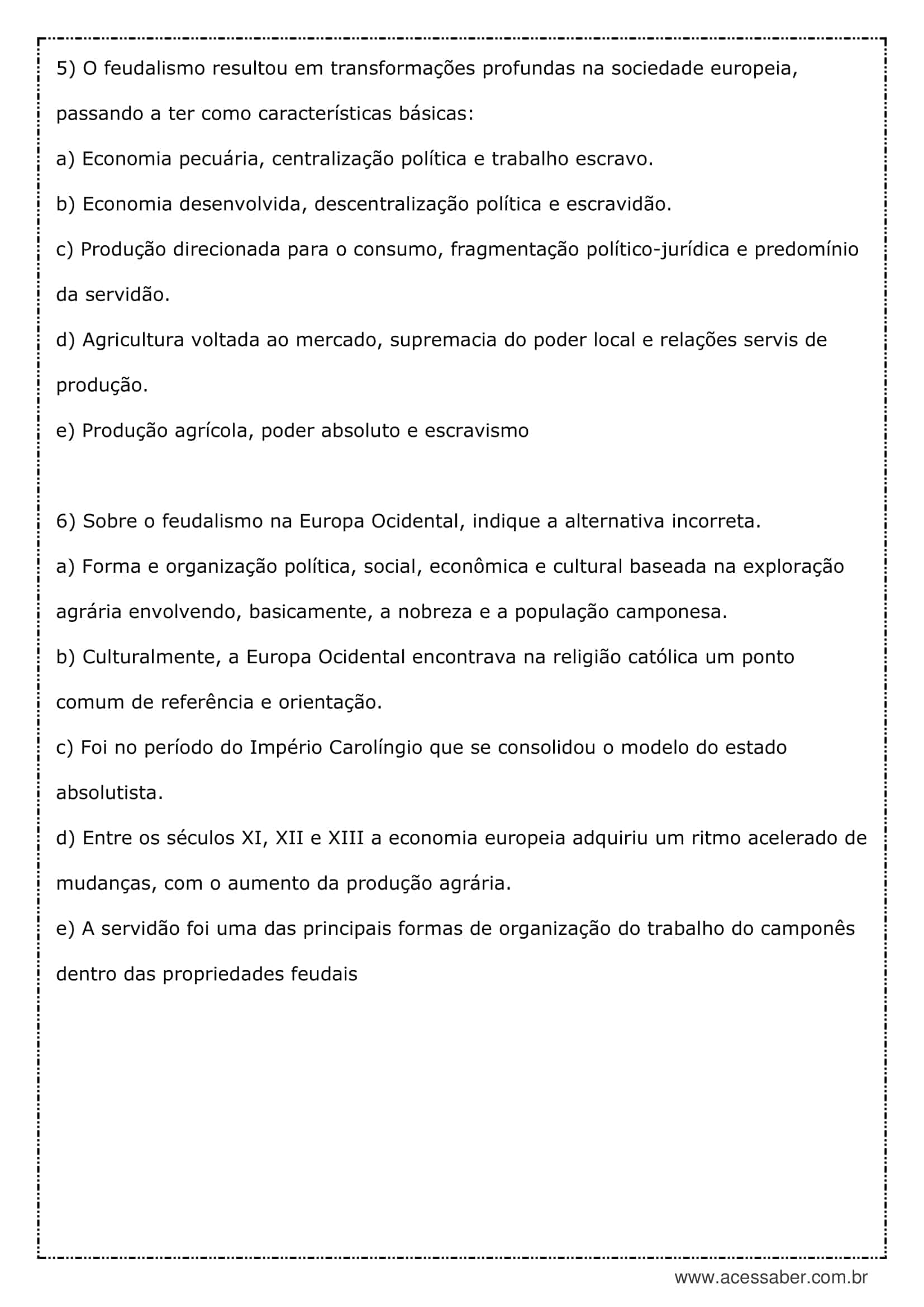 Europa feudal atividade sobre feudalismo