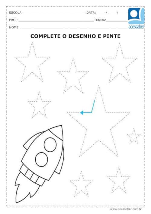 Atividade de coordenação motora: Complete e pinte o desenho - Ed. Infantil  e 1º ano - Acessaber