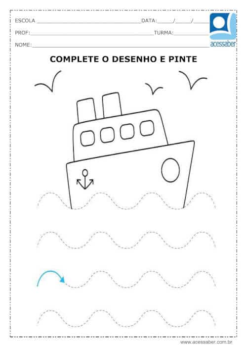 Atividade de coordenação motora: Complete e pinte o desenho - Ed. Infantil  e 1º ano - Acessaber