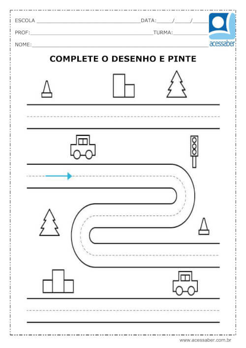 Atividade de coordenação motora: Complete e pinte o desenho - Ed. Infantil  e 1º ano - Acessaber