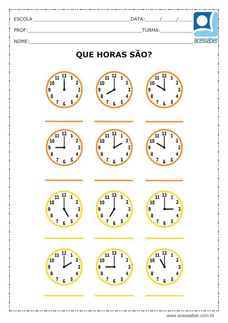 Atividade de matemática: Hora, minutos e segundos - 3º ou 4º ano - Acessaber