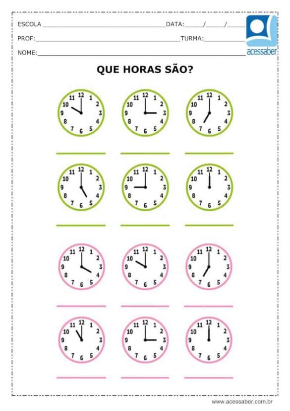 Atividade de matemática Que horas são? 4º ou 5º ano Acessaber Atividade de matemática Que horas são? 4º ou 5º ano Acessaber