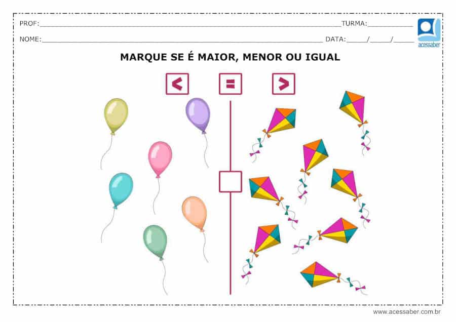 Matemática - Maior, Menor e Igual worksheet