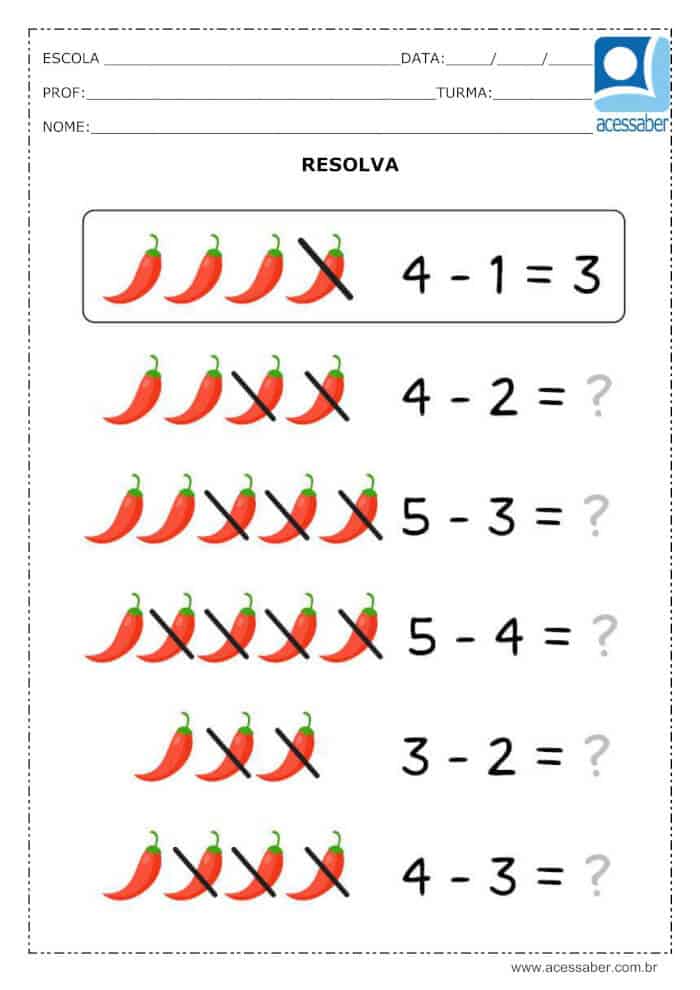 Atividade de Subtração Educação Infantil