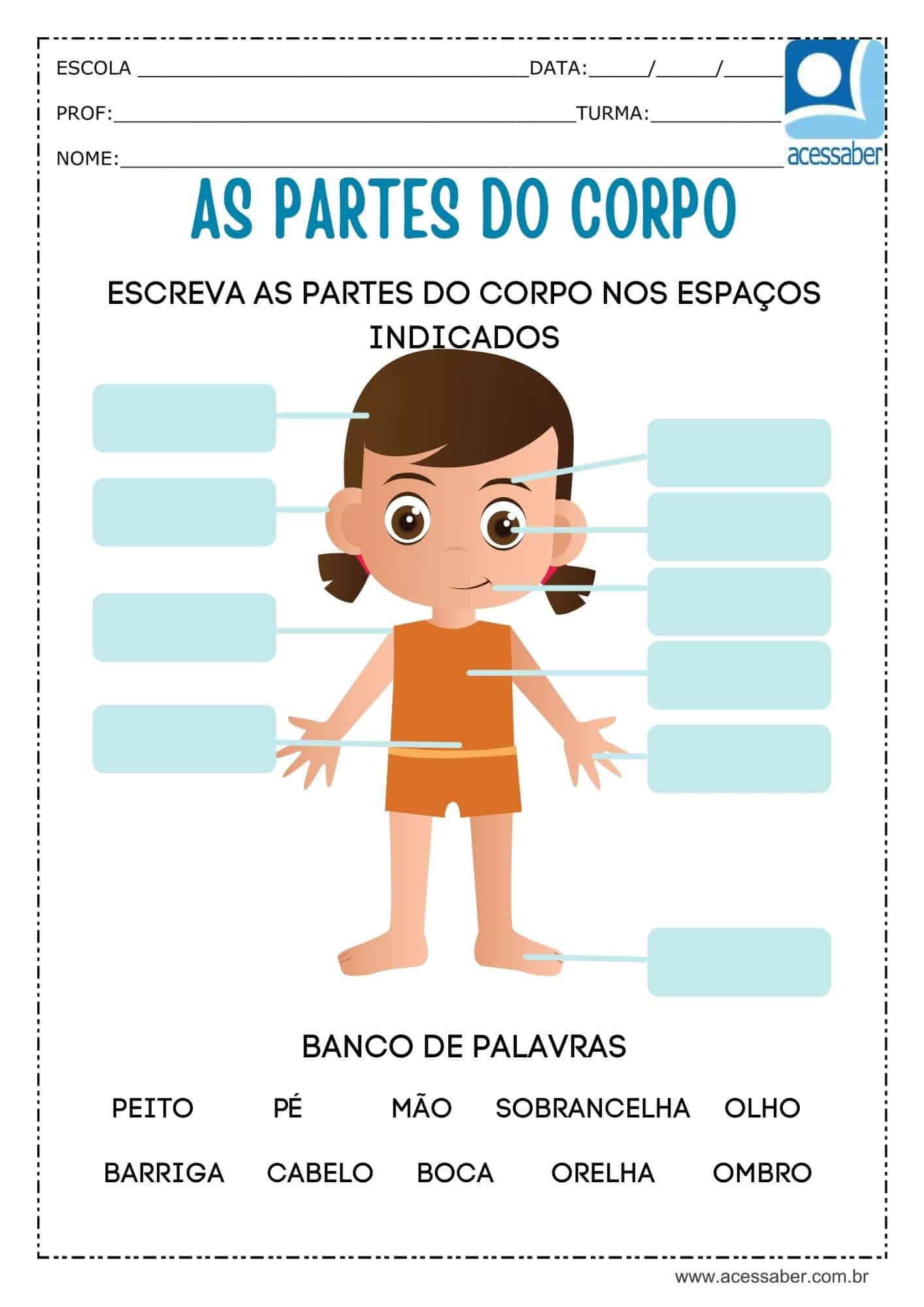 Atividade de ciências As partes do corpo Ed Infantil e 1º ano