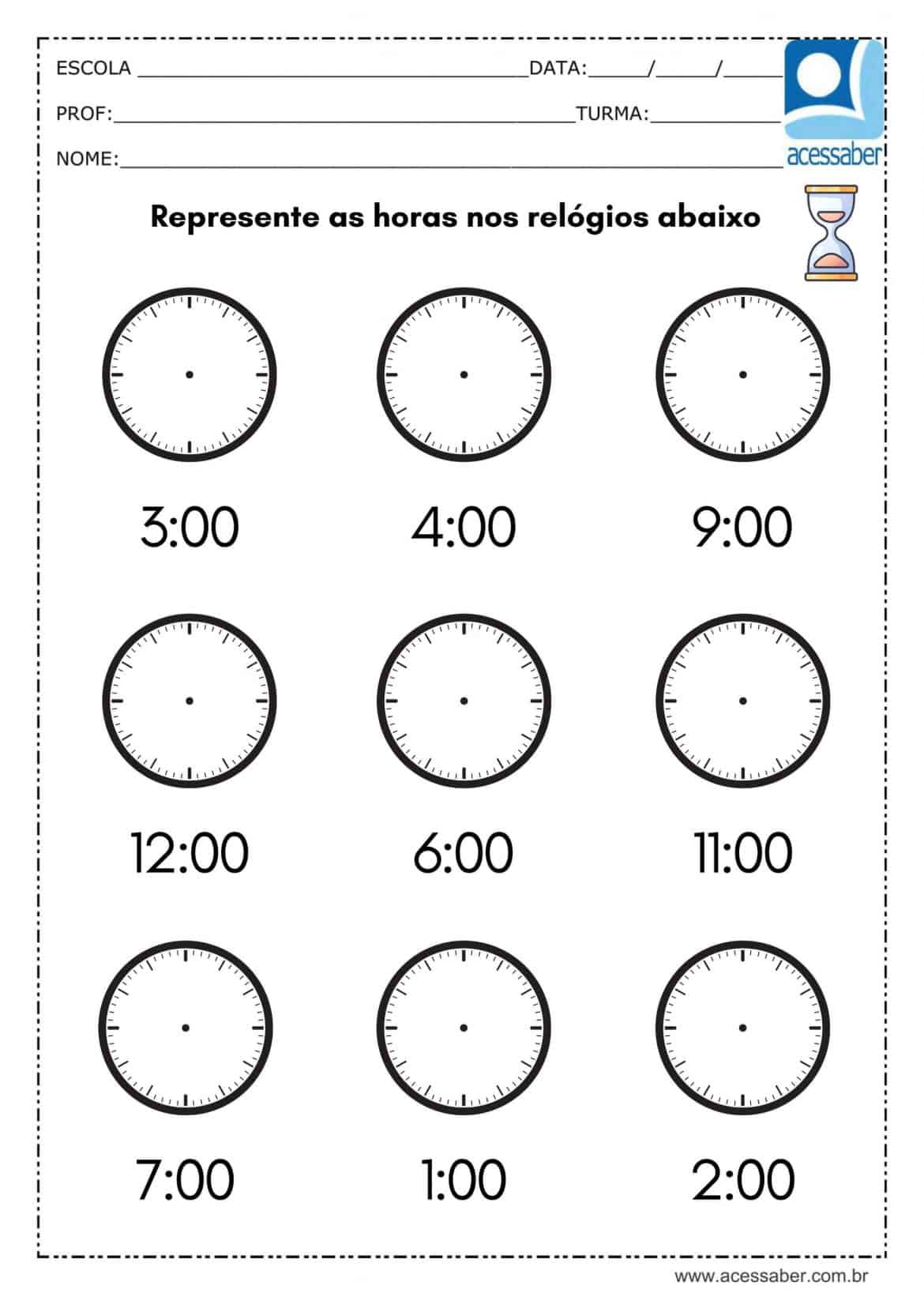 Atividade de matemática: As horas - 2º ano ao 4º ano - Acessaber