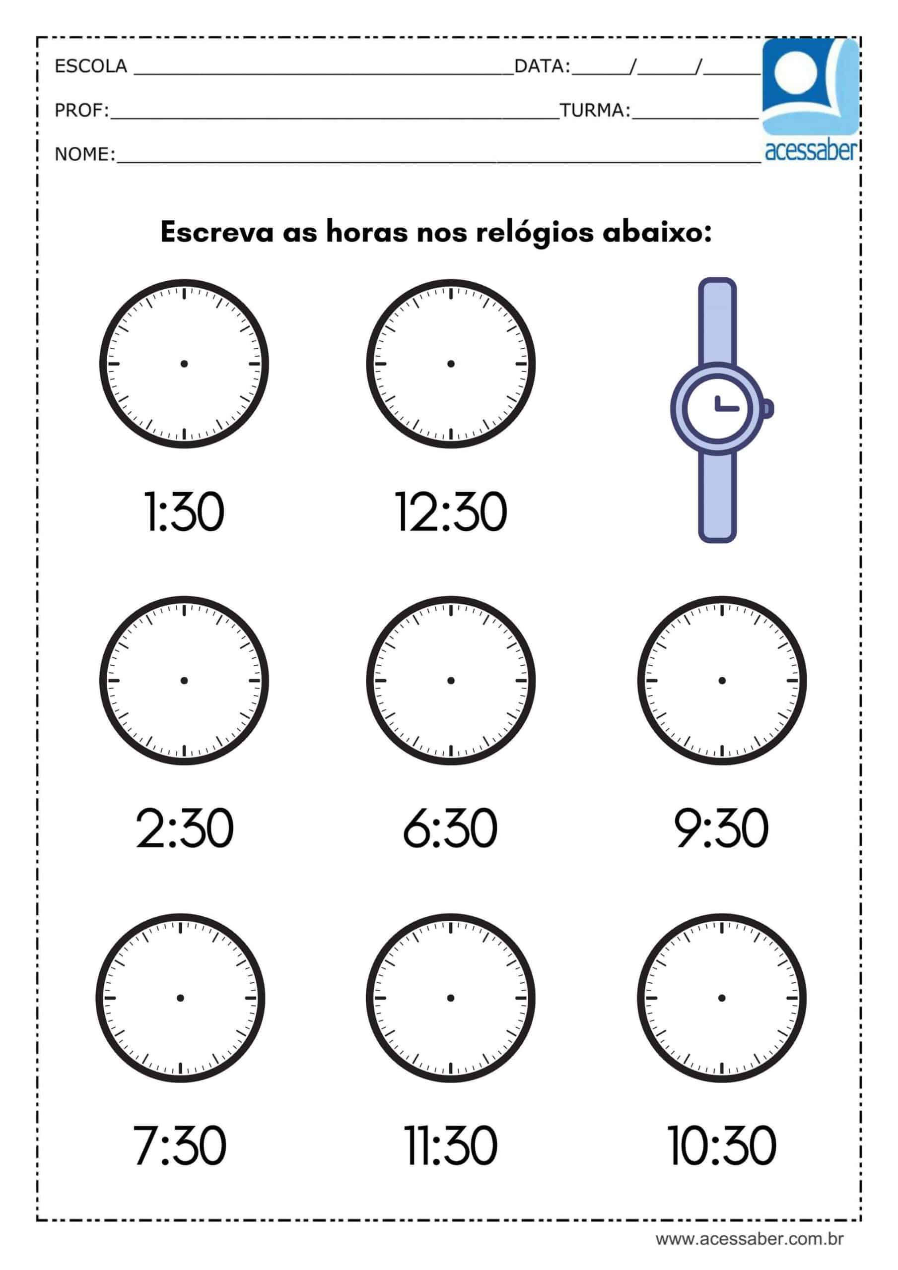 Atividade de matemática: Hora, minutos e segundos - 3º ou 4º ano - Acessaber