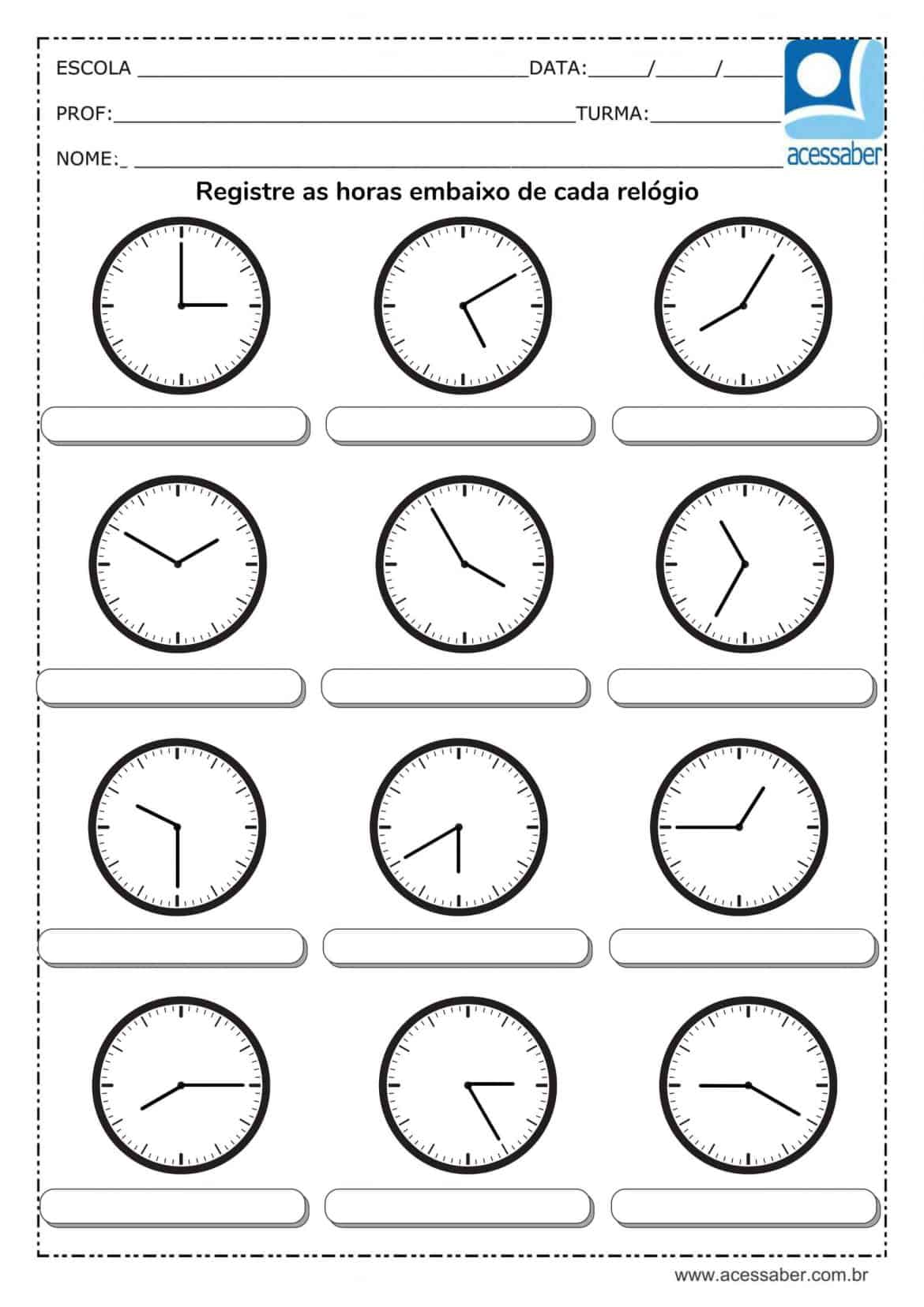 Atividade de matemática: As horas - 2º ano ao 4º ano - Acessaber