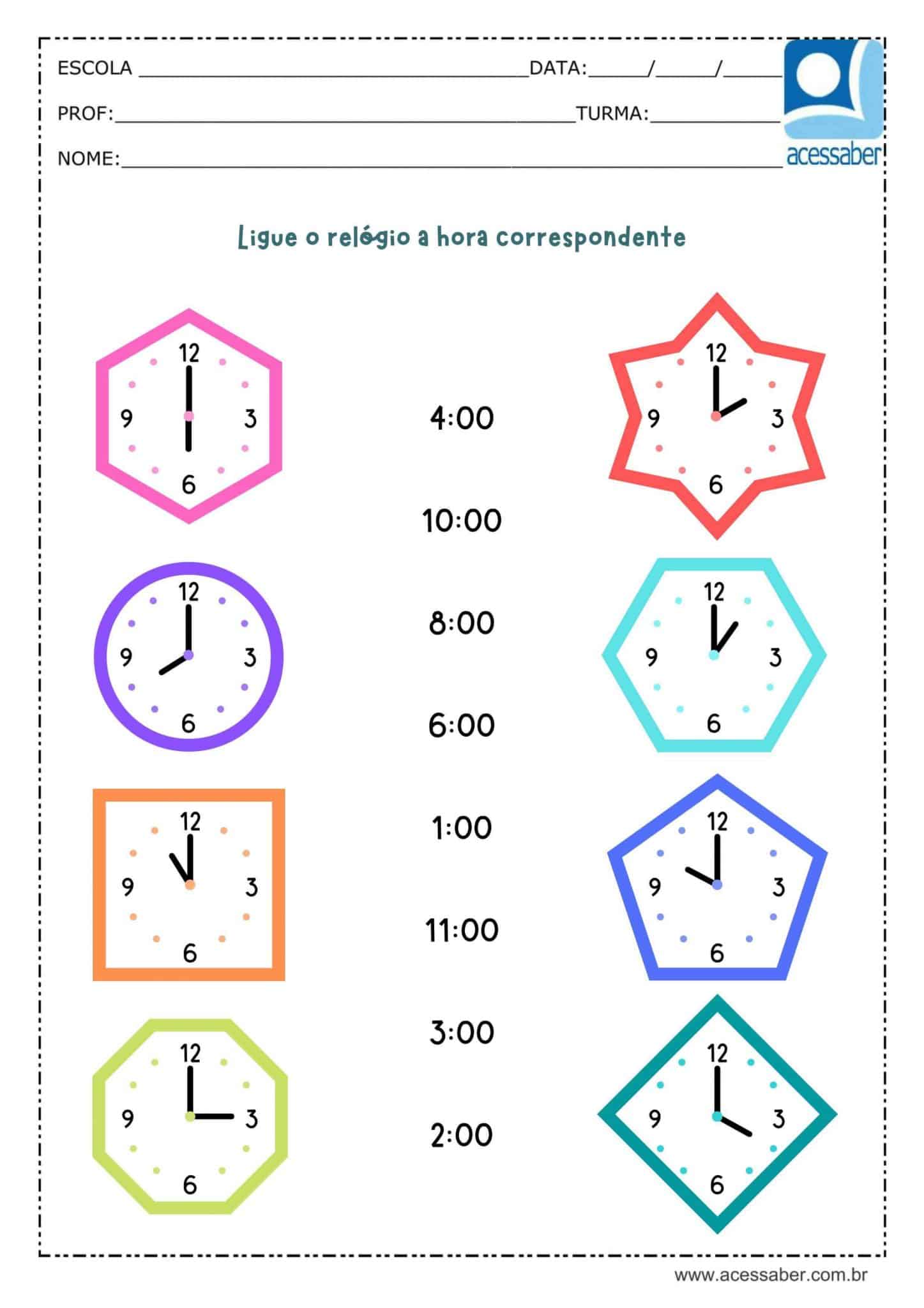 Atividade de matemática: As horas - 2º ano ao 4º ano - Acessaber