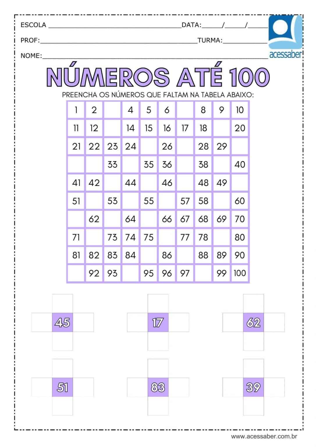 Atividade de matemática: Números de 1 a 100 - 1º ano e 2º ano - Acessaber