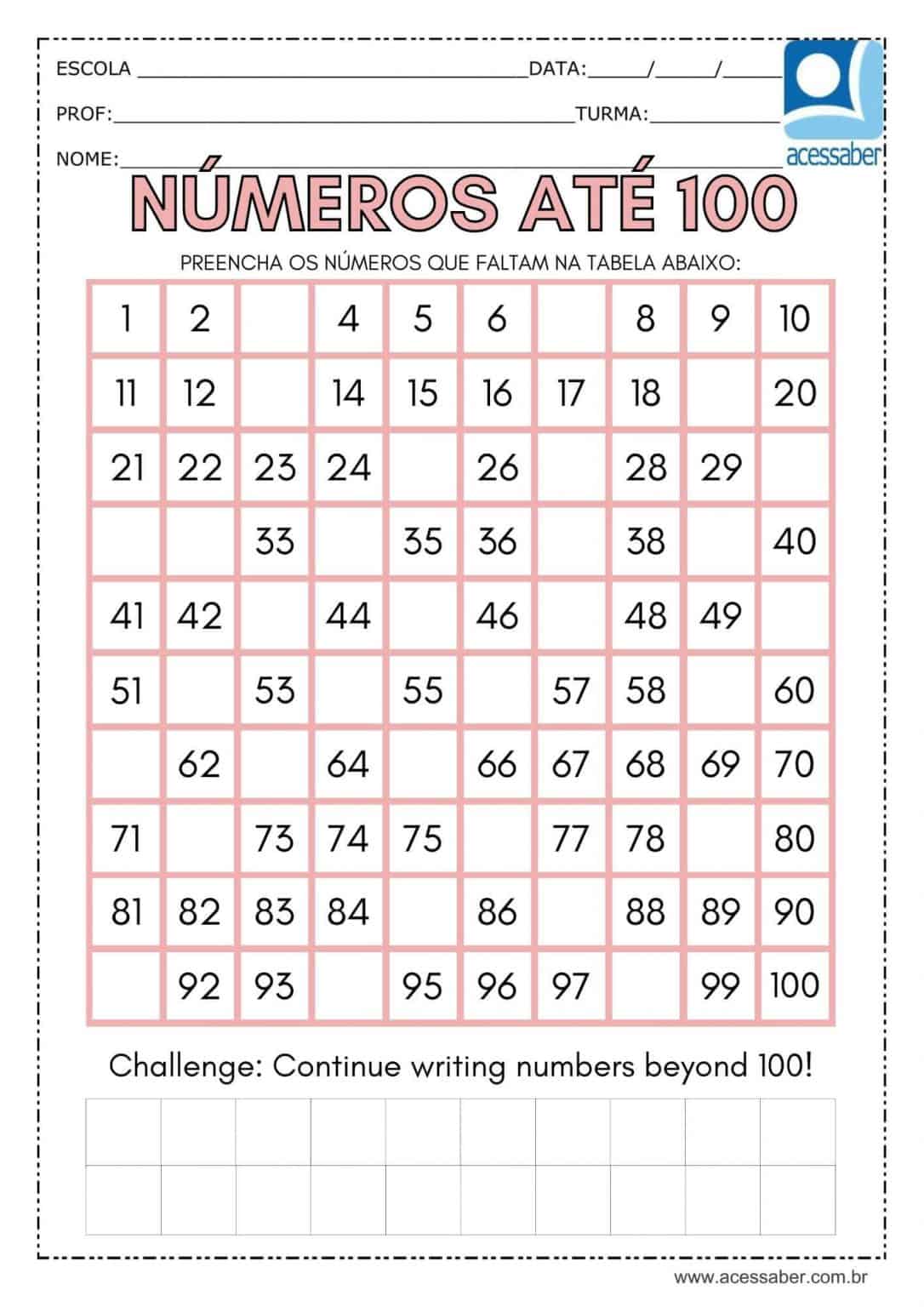 Atividade de matemática: Números de 1 a 100 - 1º ano e 2º ano - Acessaber