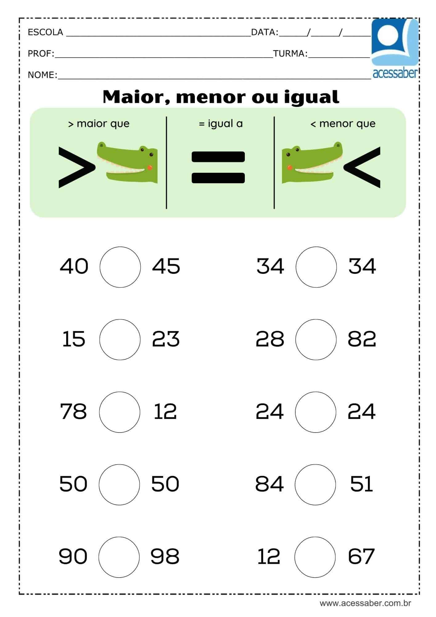 Atividade de Matemática Sinais de Maior e Menor, de Igual e Diferente, e  Sinal de U (União)
