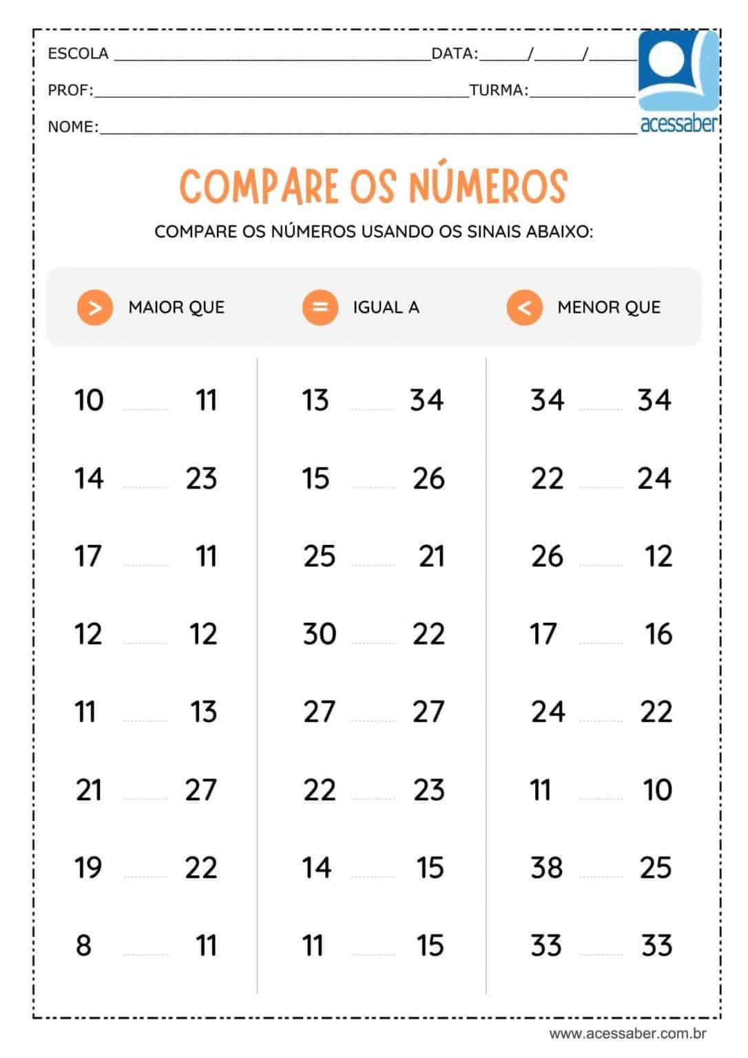 Atividade de matemática: Maior, menor ou igual - 2º ano e 3º ano ...