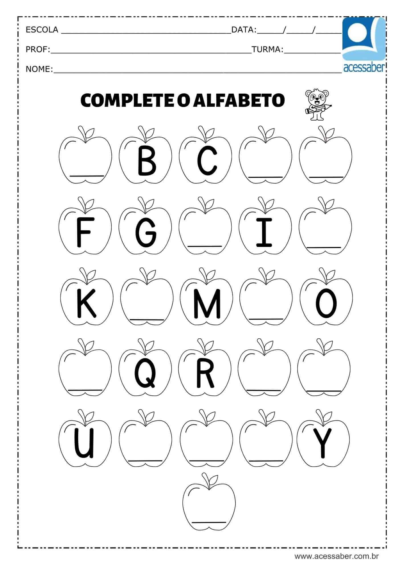 Atividade de português Complete o alfabeto Ed infantil e º ano Acessaber