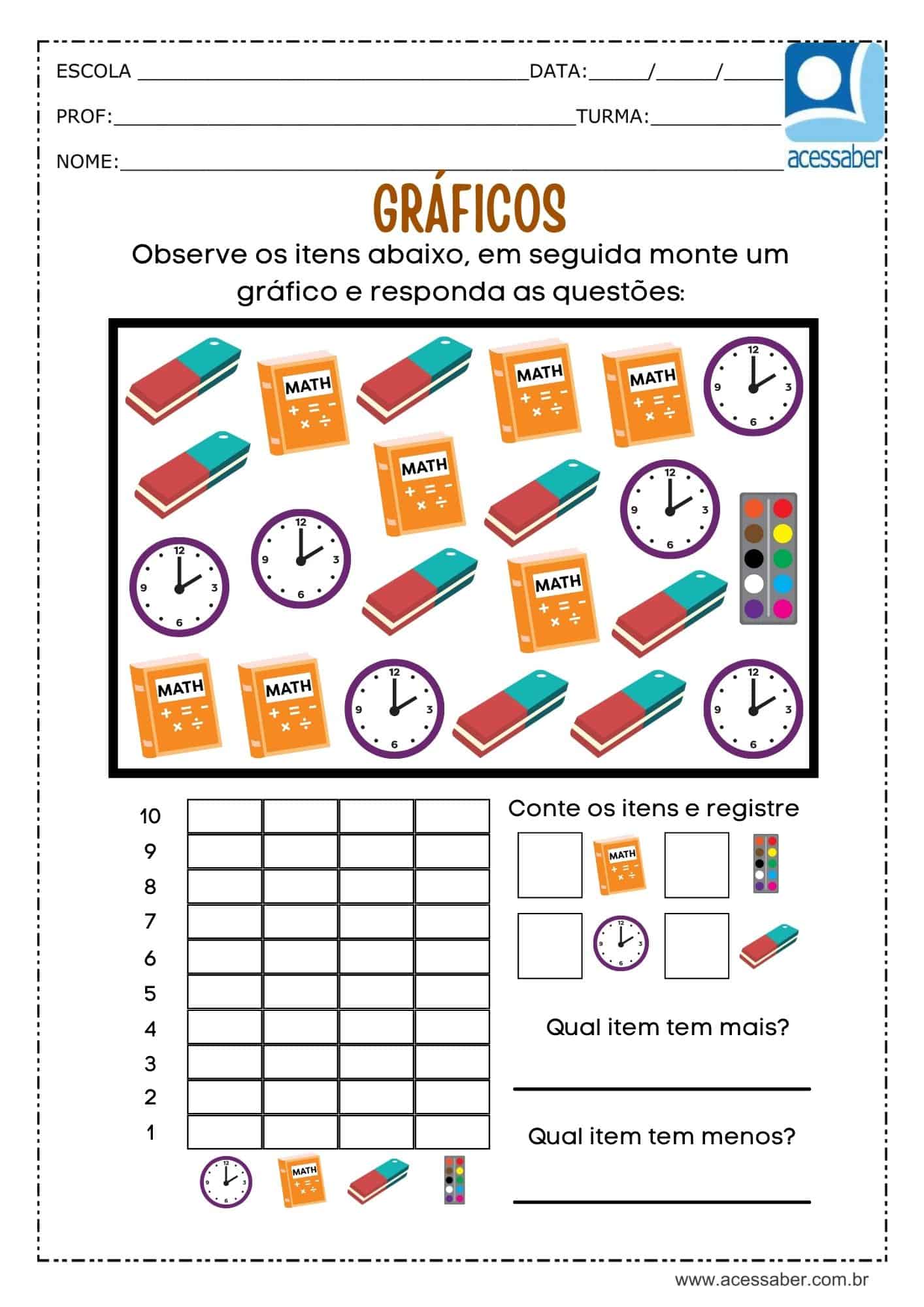 Atividades de matemática 1º ano - gráfico, adição e subtração em PDF