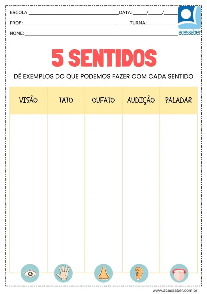 Atividade para dar exemplos dos 5 sentidos